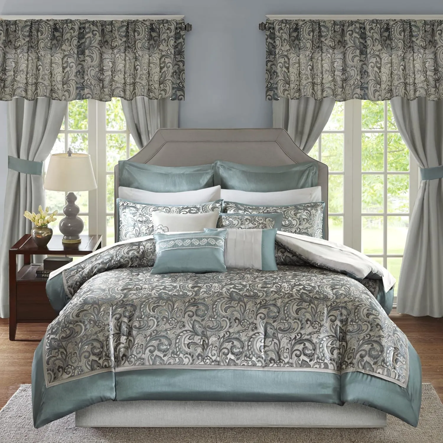 Madison Park Essentials Brystol 24 Piece Room in a Bag Faux Silk Comforter Jacquard Paisley Design Matching Curtains - Down Alternative Hypoallergenic All Season Bedding-Set, Queen, Teal