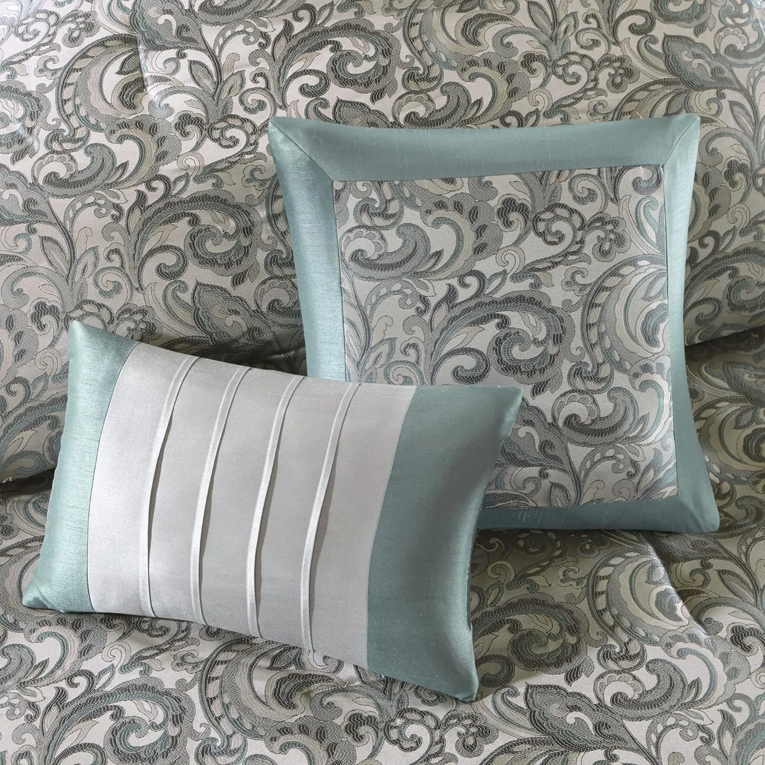 Madison Park Essentials Brystol 24 Piece Room in a Bag Faux Silk Comforter Jacquard Paisley Design Matching Curtains - Down Alternative Hypoallergenic All Season Bedding-Set, Queen, Teal