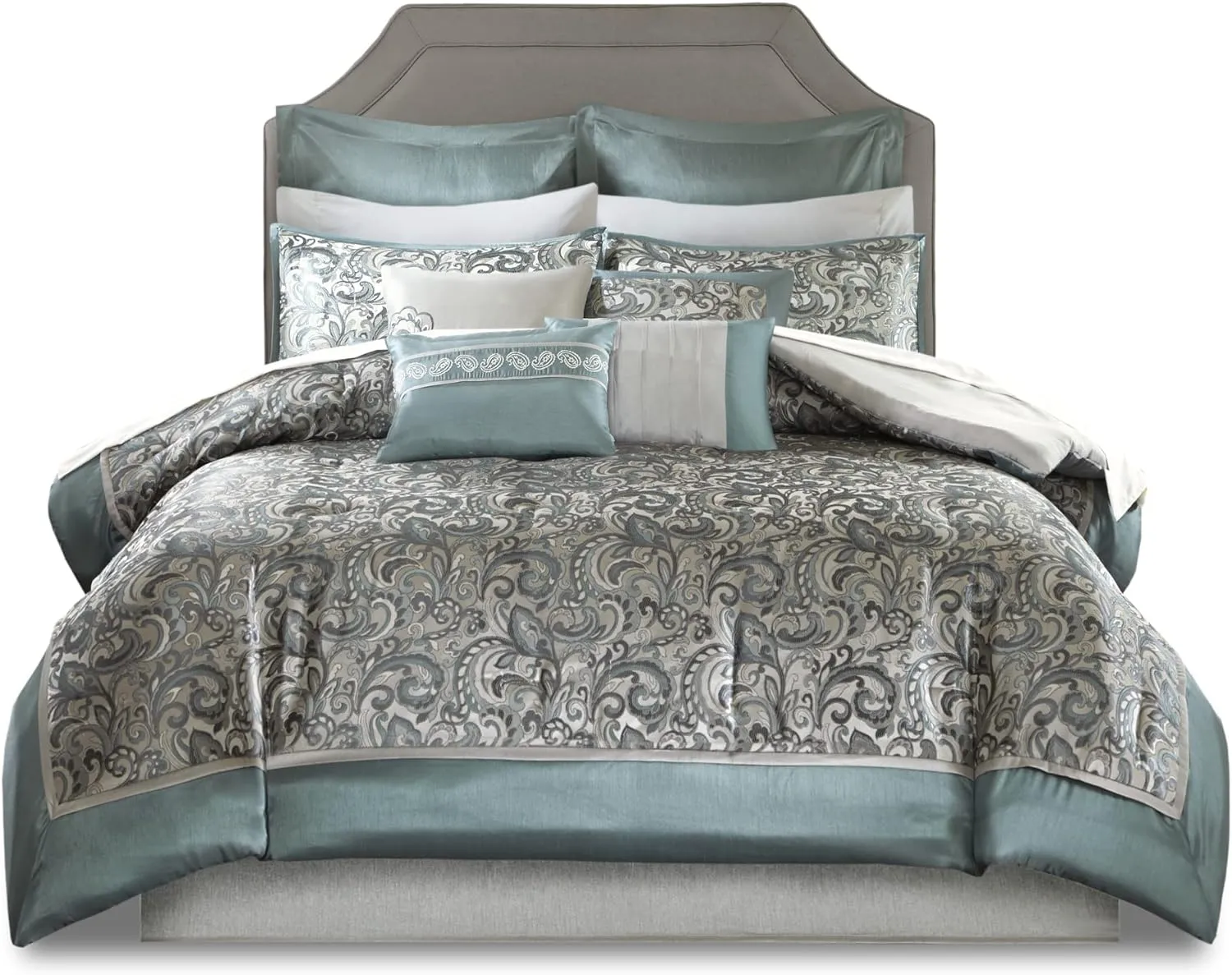 Madison Park Essentials Brystol 24 Piece Room in a Bag Faux Silk Comforter Jacquard Paisley Design Matching Curtains - Down Alternative Hypoallergenic All Season Bedding-Set, Queen, Teal