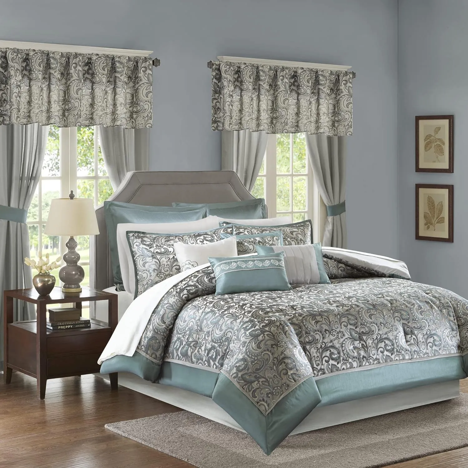 Madison Park Essentials Brystol 24 Piece Room in a Bag Faux Silk Comforter Jacquard Paisley Design Matching Curtains - Down Alternative Hypoallergenic All Season Bedding-Set, Queen, Teal