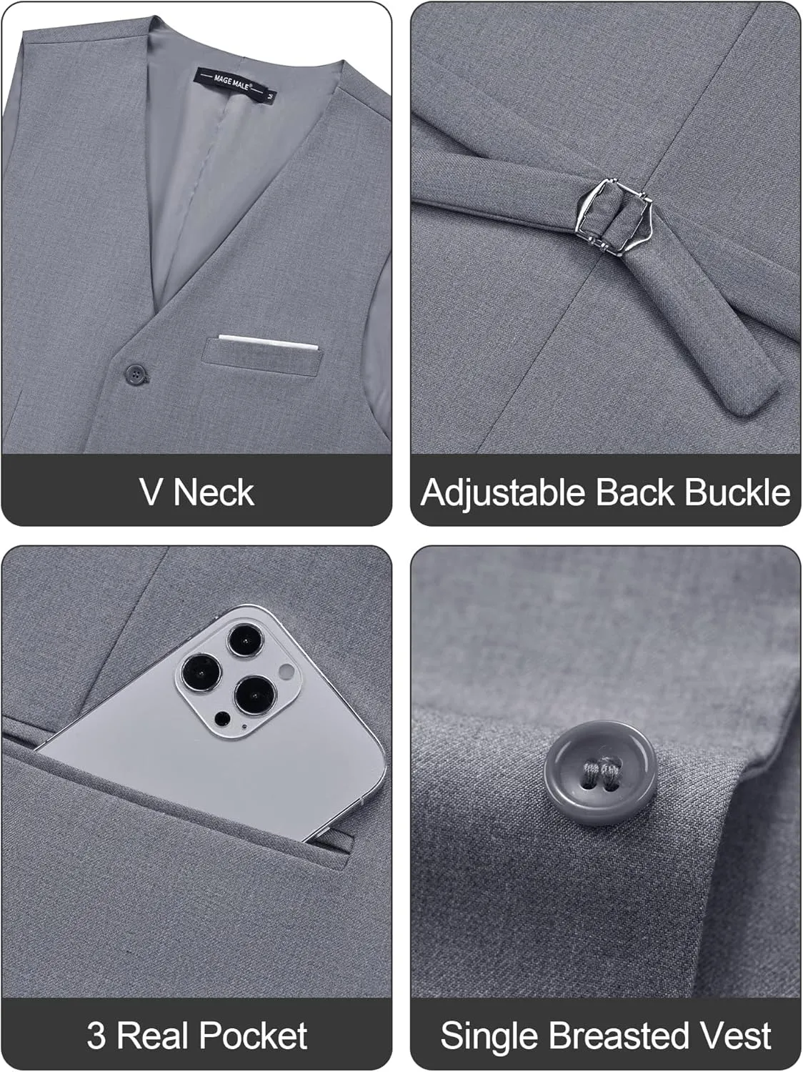 MAGE MALE Men's Suit Vests Casual Formal Dress Vest Business Slim Fit Waistcoat Vest with 3 Real Pockets for Suits Tuxedo