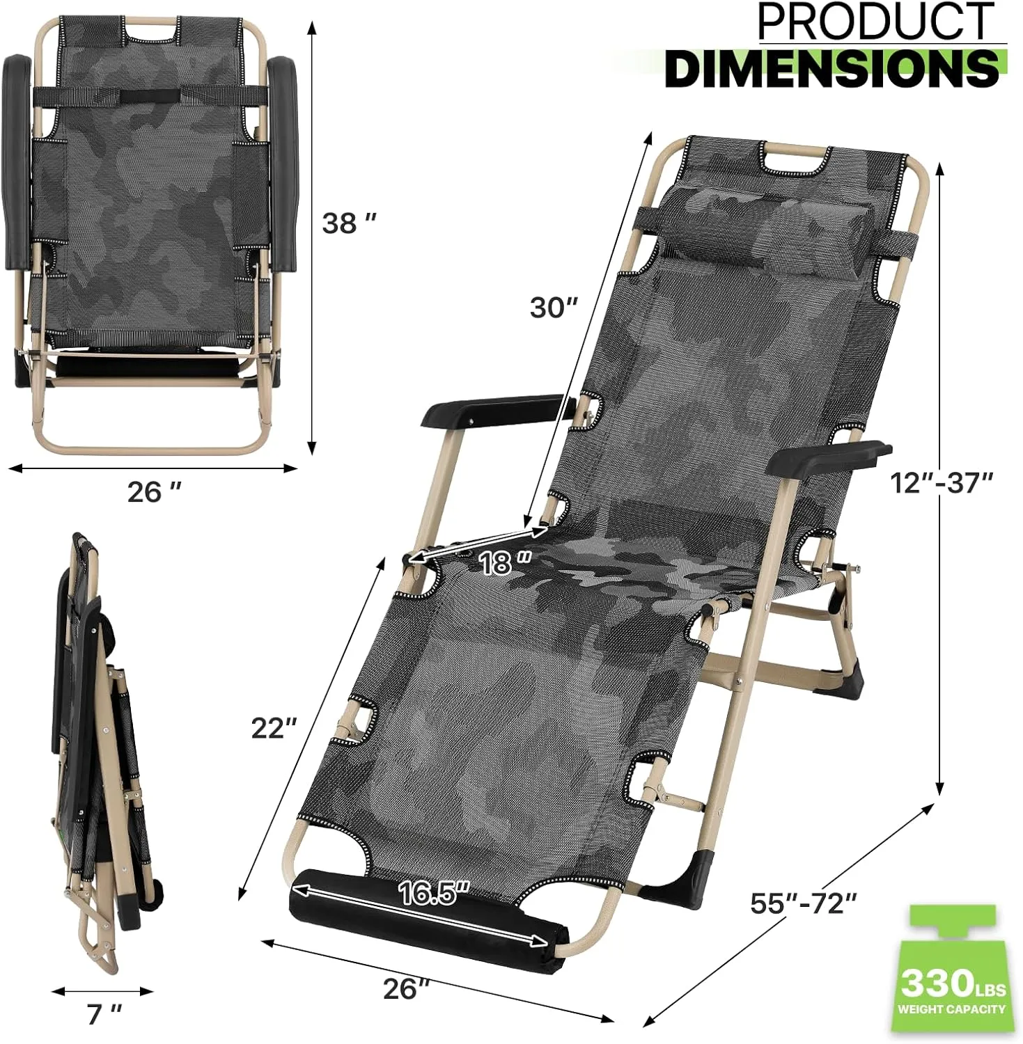 Magshion Folding Reclining 3-Position Patio Chairs Set of 2 Outdoor Lounge Chair with Footrest Folding Portable Outside Recliner Chair for Poolside Backyard Beach, 330 lbs (Camouflage)