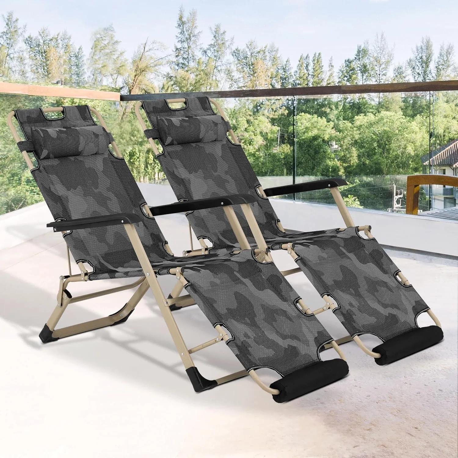 Magshion Folding Reclining 3-Position Patio Chairs Set of 2 Outdoor Lounge Chair with Footrest Folding Portable Outside Recliner Chair for Poolside Backyard Beach, 330 lbs (Camouflage)