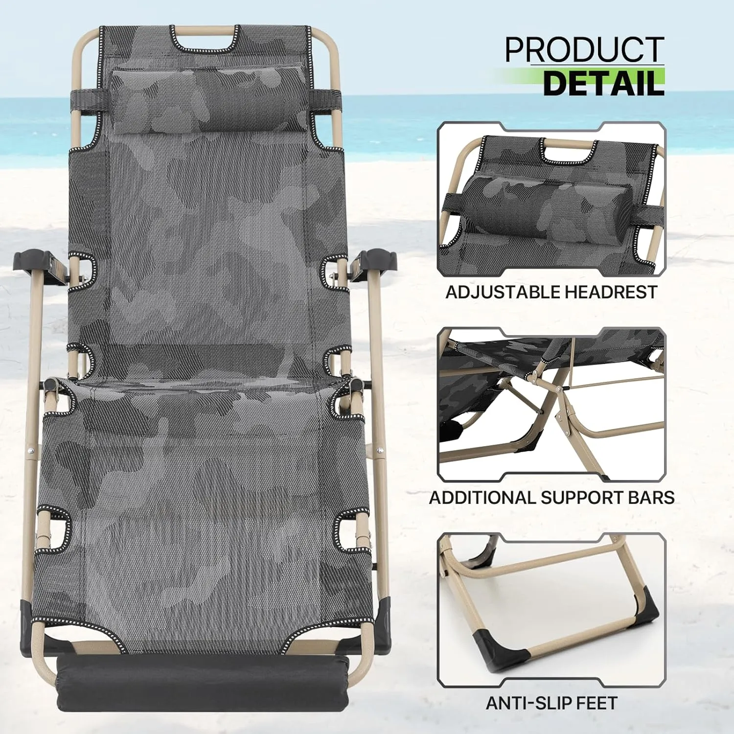 Magshion Folding Reclining 3-Position Patio Chairs Set of 2 Outdoor Lounge Chair with Footrest Folding Portable Outside Recliner Chair for Poolside Backyard Beach, 330 lbs (Camouflage)