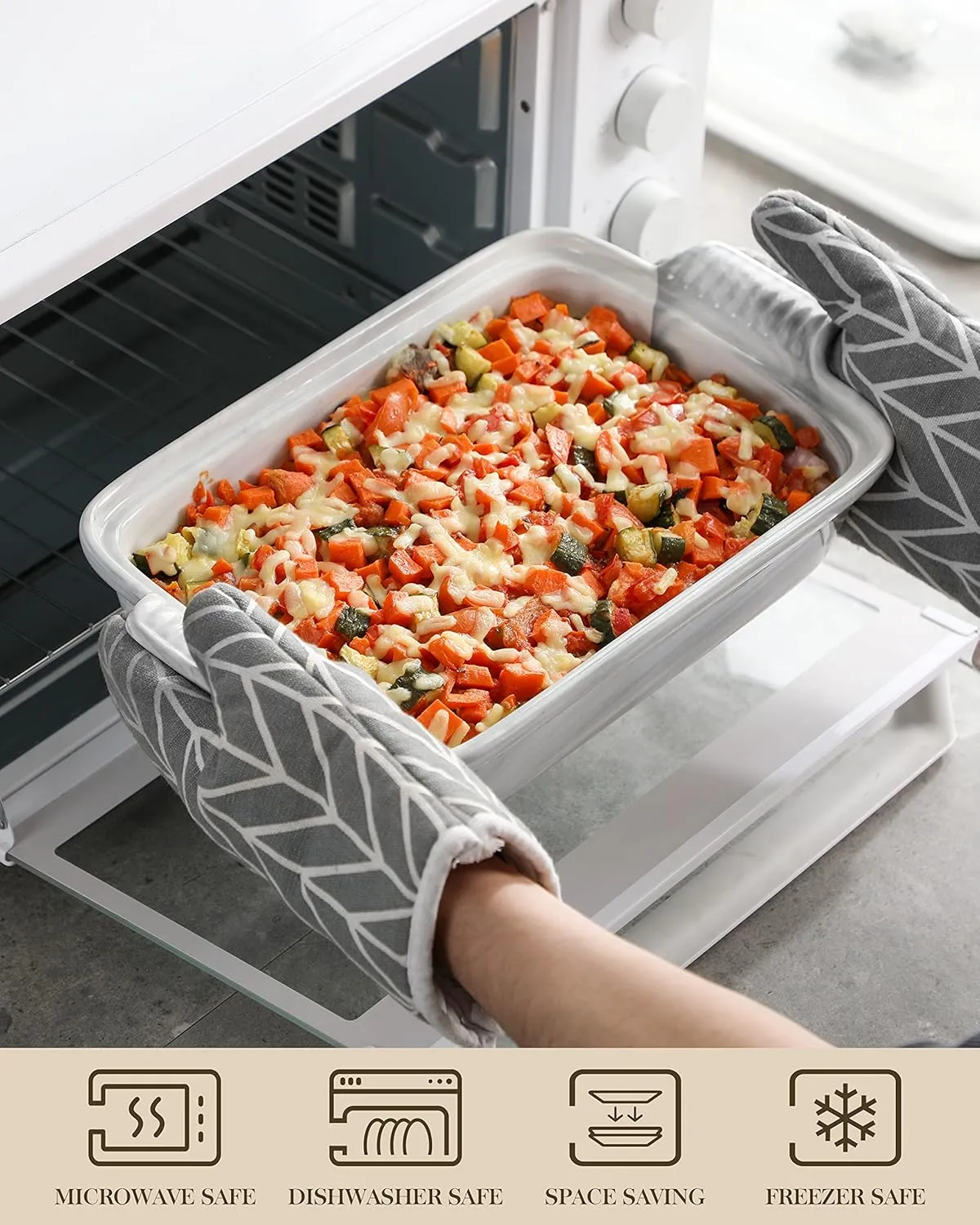 MALACASA Casserole Dish With Lid, 3.4 Quart Baking Dish With Lid, Lasagna Pan Deep Ceramic Bakeware Covered Casserole Dish, Microwave, Oven Safe, Series BAKE-GREY