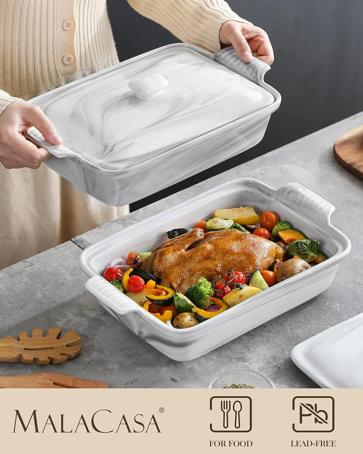 MALACASA Casserole Dish With Lid, 3.4 Quart Baking Dish With Lid, Lasagna Pan Deep Ceramic Bakeware Covered Casserole Dish, Microwave, Oven Safe, Series BAKE-GREY