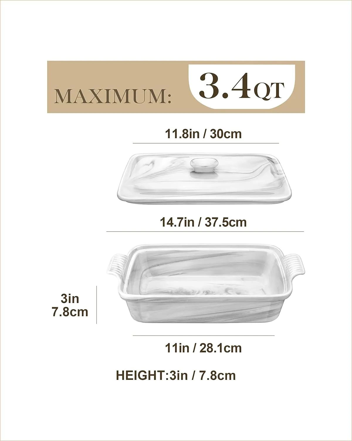 MALACASA Casserole Dish With Lid, 3.4 Quart Baking Dish With Lid, Lasagna Pan Deep Ceramic Bakeware Covered Casserole Dish, Microwave, Oven Safe, Series BAKE-GREY