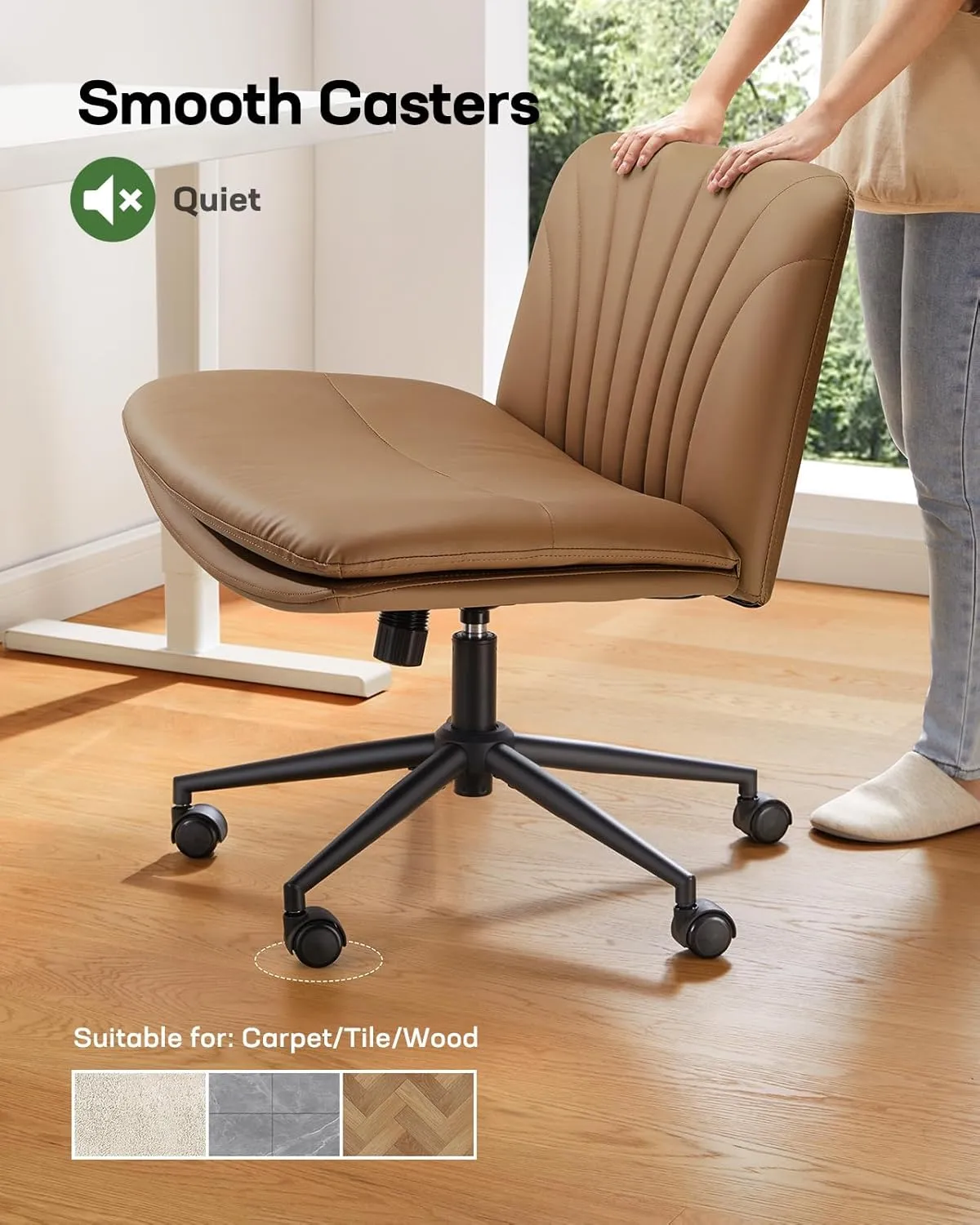 Marsail Armless-Office Desk Chair with Wheels: PU Leather Cross Legged Wide Chair,Comfortable Adjustable Swivel Computer Task Chairs for Home,Office,Make Up,Small Space,Bed Room, Brown