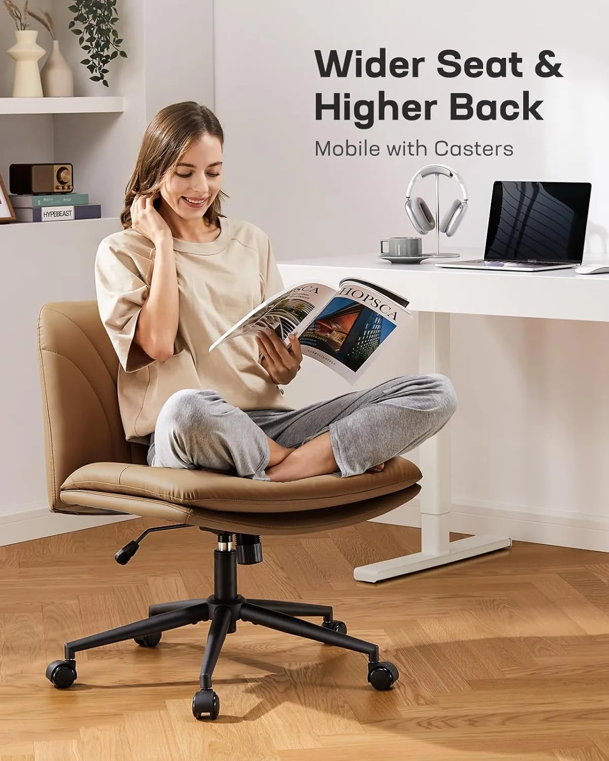 Marsail Armless-Office Desk Chair with Wheels: PU Leather Cross Legged Wide Chair,Comfortable Adjustable Swivel Computer Task Chairs for Home,Office,Make Up,Small Space,Bed Room, Brown