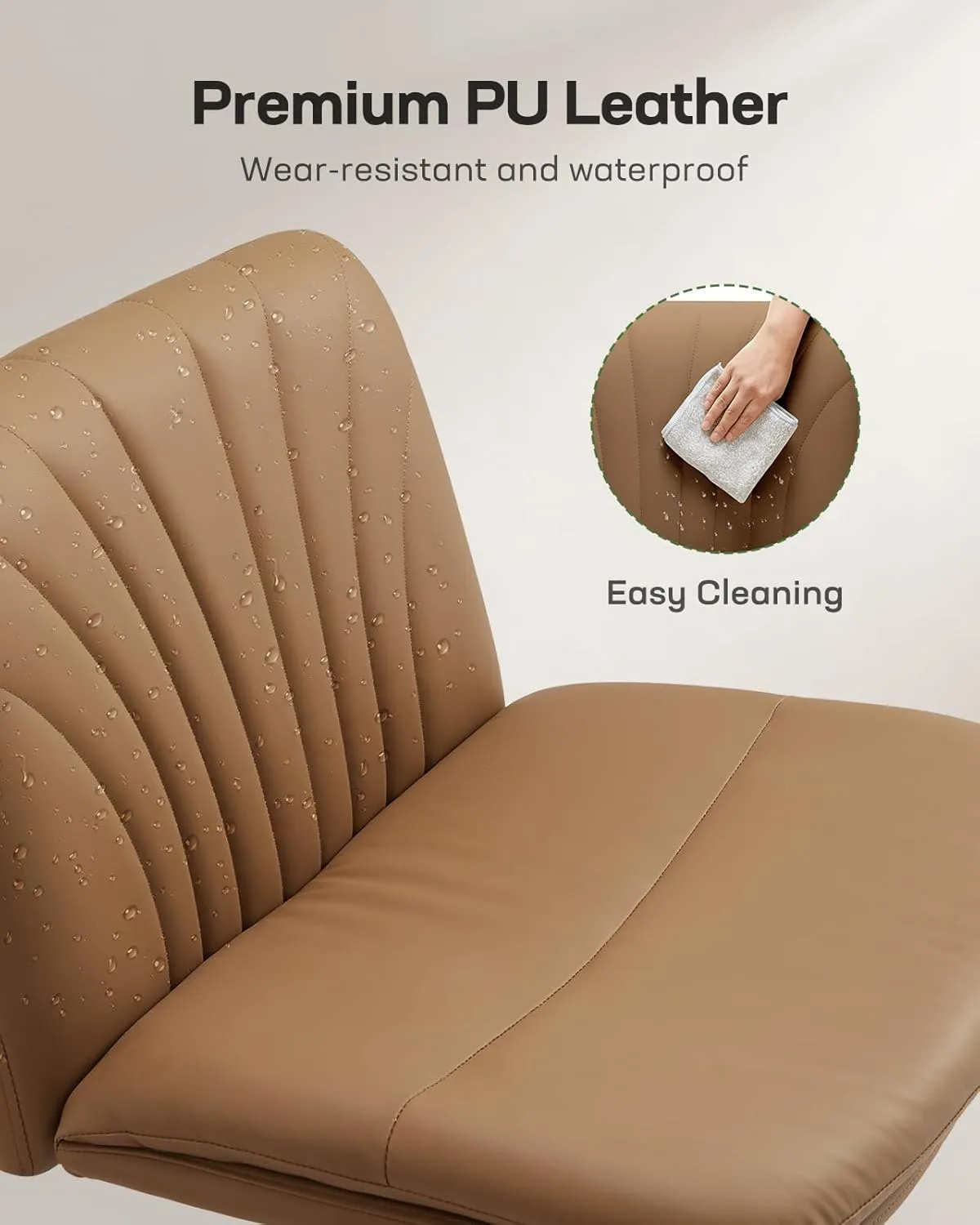Marsail Armless-Office Desk Chair with Wheels: PU Leather Cross Legged Wide Chair,Comfortable Adjustable Swivel Computer Task Chairs for Home,Office,Make Up,Small Space,Bed Room, Brown