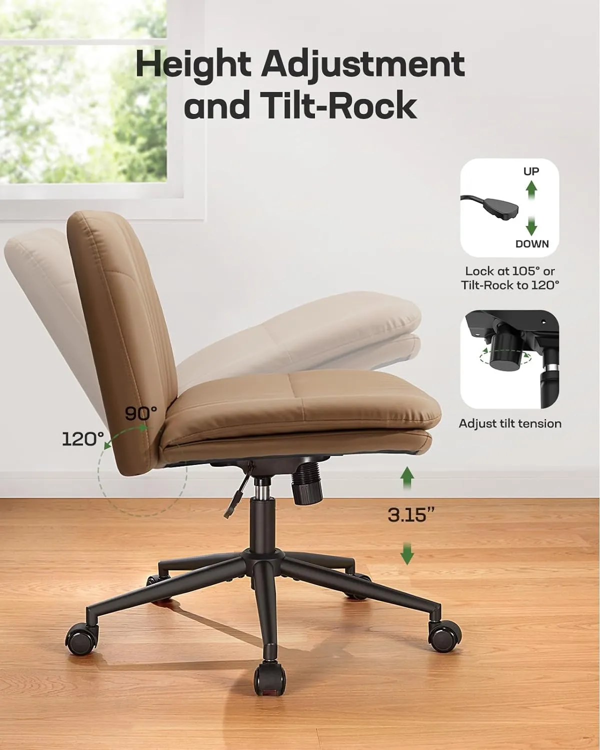 Marsail Armless-Office Desk Chair with Wheels: PU Leather Cross Legged Wide Chair,Comfortable Adjustable Swivel Computer Task Chairs for Home,Office,Make Up,Small Space,Bed Room, Brown