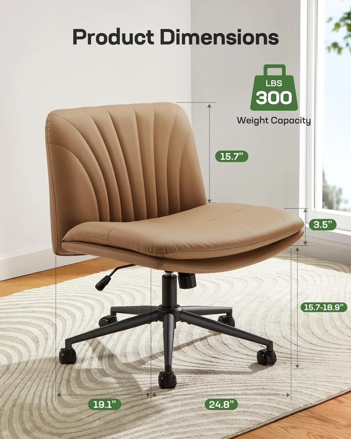 Marsail Armless-Office Desk Chair with Wheels: PU Leather Cross Legged Wide Chair,Comfortable Adjustable Swivel Computer Task Chairs for Home,Office,Make Up,Small Space,Bed Room, Brown