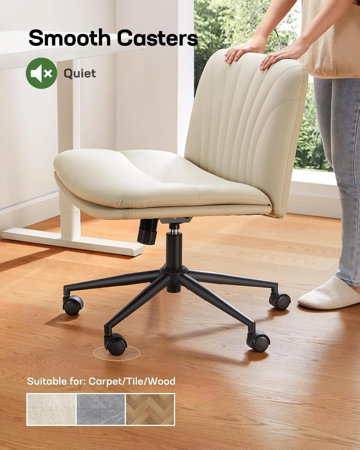 Marsail Armless-Office Desk Chair with Wheels: PU Leather Cross Legged Wide Chair,Comfortable Adjustable Swivel Computer Task Chairs for Home,Office,Make Up,Small Space,Bed Room, Gray Beige