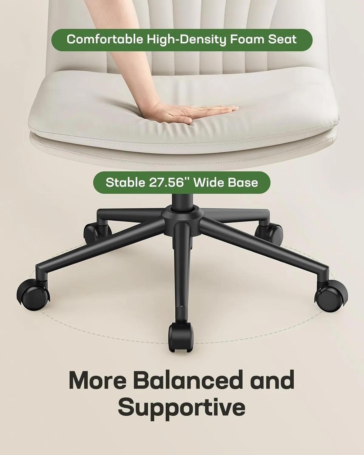 Marsail Armless-Office Desk Chair with Wheels: PU Leather Cross Legged Wide Chair,Comfortable Adjustable Swivel Computer Task Chairs for Home,Office,Make Up,Small Space,Bed Room, Gray Beige