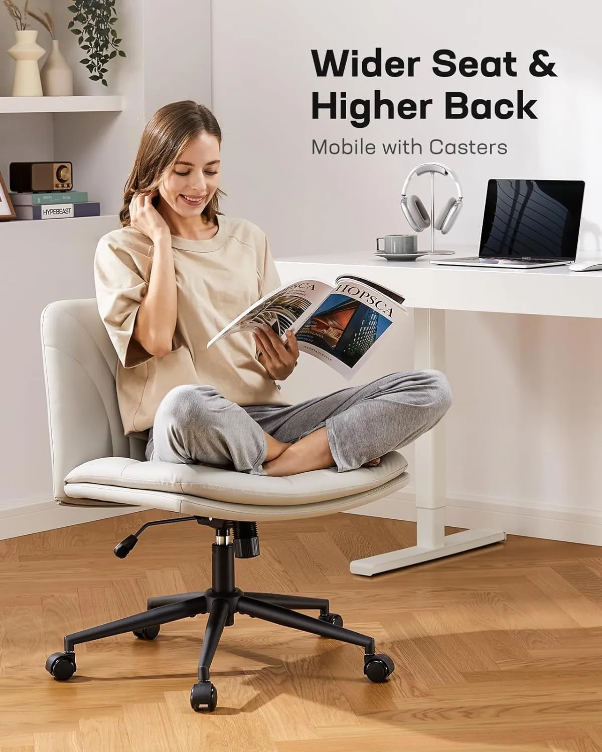Marsail Armless-Office Desk Chair with Wheels: PU Leather Cross Legged Wide Chair,Comfortable Adjustable Swivel Computer Task Chairs for Home,Office,Make Up,Small Space,Bed Room, Gray Beige