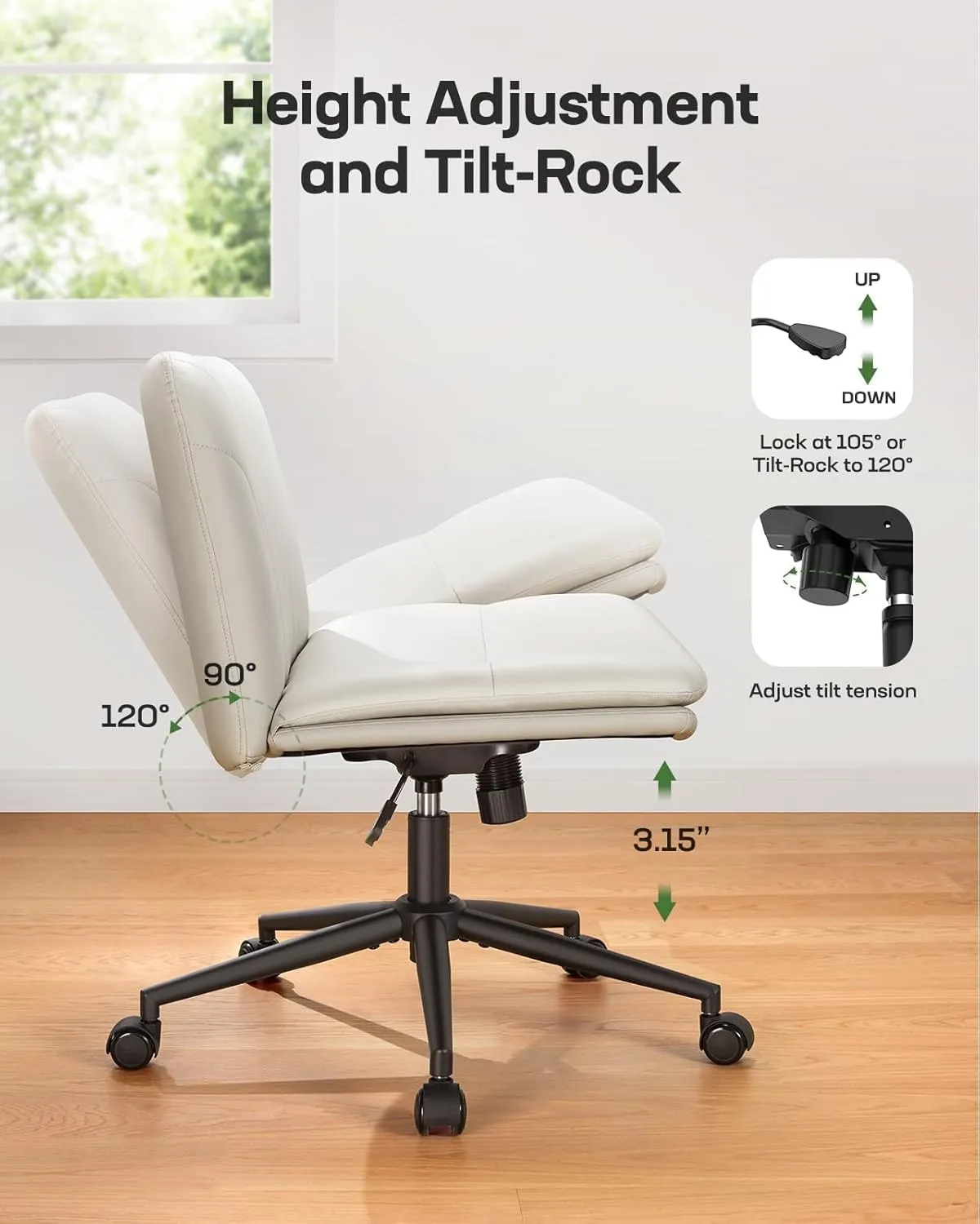 Marsail Armless-Office Desk Chair with Wheels: PU Leather Cross Legged Wide Chair,Comfortable Adjustable Swivel Computer Task Chairs for Home,Office,Make Up,Small Space,Bed Room, Gray Beige
