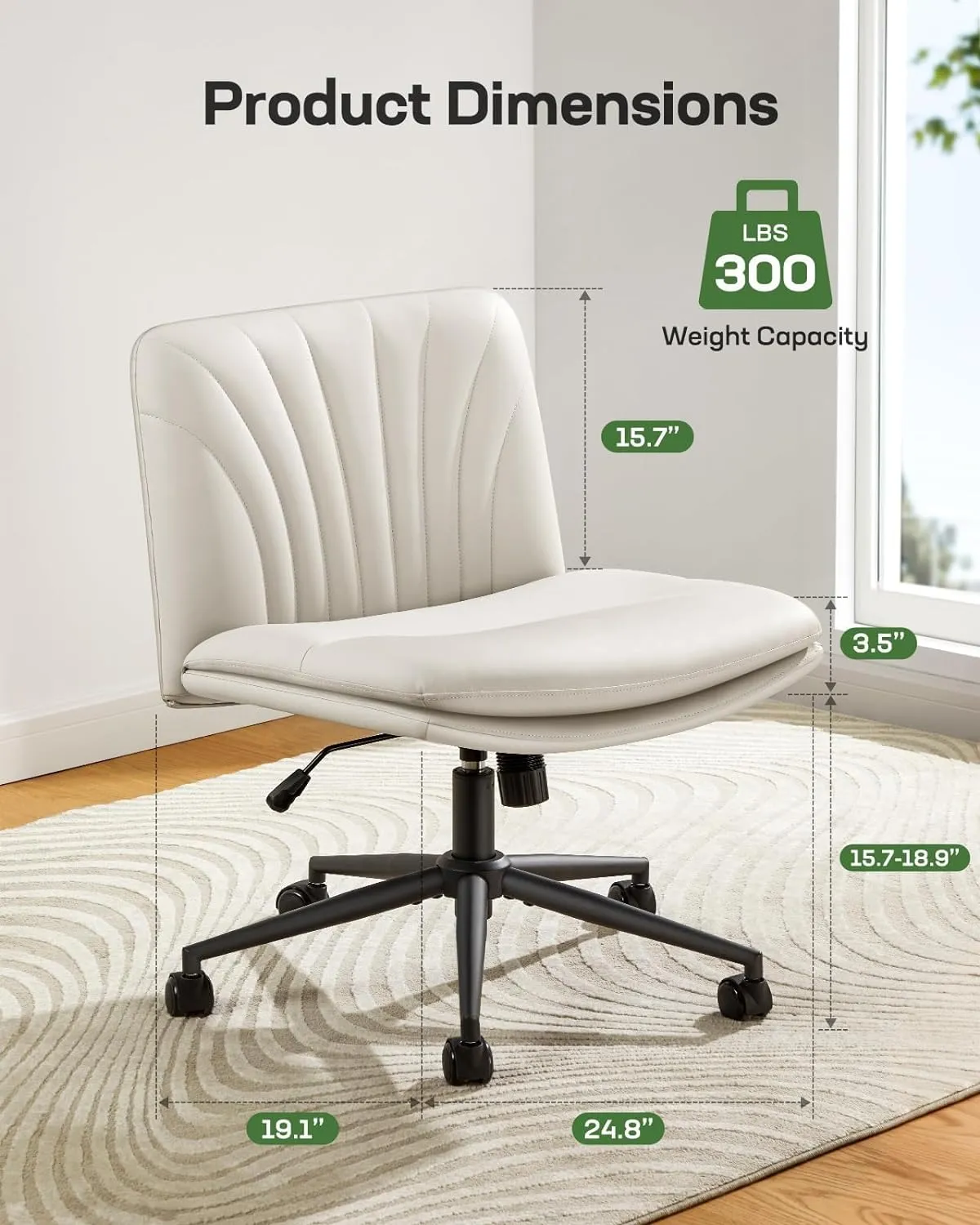 Marsail Armless-Office Desk Chair with Wheels: PU Leather Cross Legged Wide Chair,Comfortable Adjustable Swivel Computer Task Chairs for Home,Office,Make Up,Small Space,Bed Room, Gray Beige