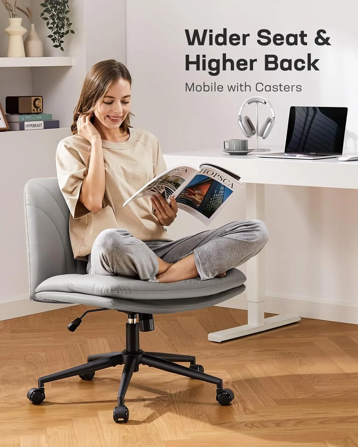 Marsail Armless-Office Desk Chair with Wheels: PU Leather Cross Legged Wide Chair,Comfortable Adjustable Swivel Computer Task Chairs for Home,Office,Make Up,Small Space,Bed Room, Grey