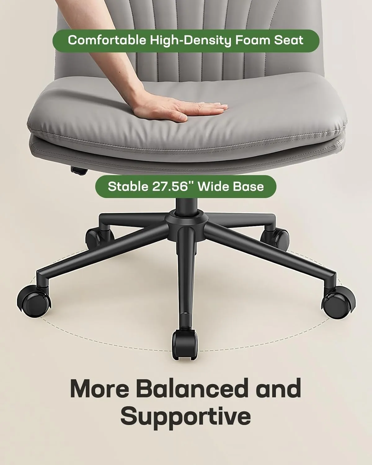 Marsail Armless-Office Desk Chair with Wheels: PU Leather Cross Legged Wide Chair,Comfortable Adjustable Swivel Computer Task Chairs for Home,Office,Make Up,Small Space,Bed Room, Grey