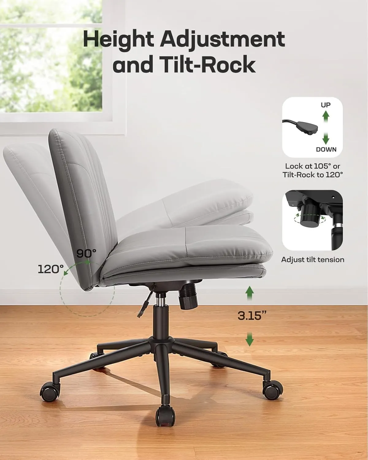 Marsail Armless-Office Desk Chair with Wheels: PU Leather Cross Legged Wide Chair,Comfortable Adjustable Swivel Computer Task Chairs for Home,Office,Make Up,Small Space,Bed Room, Grey