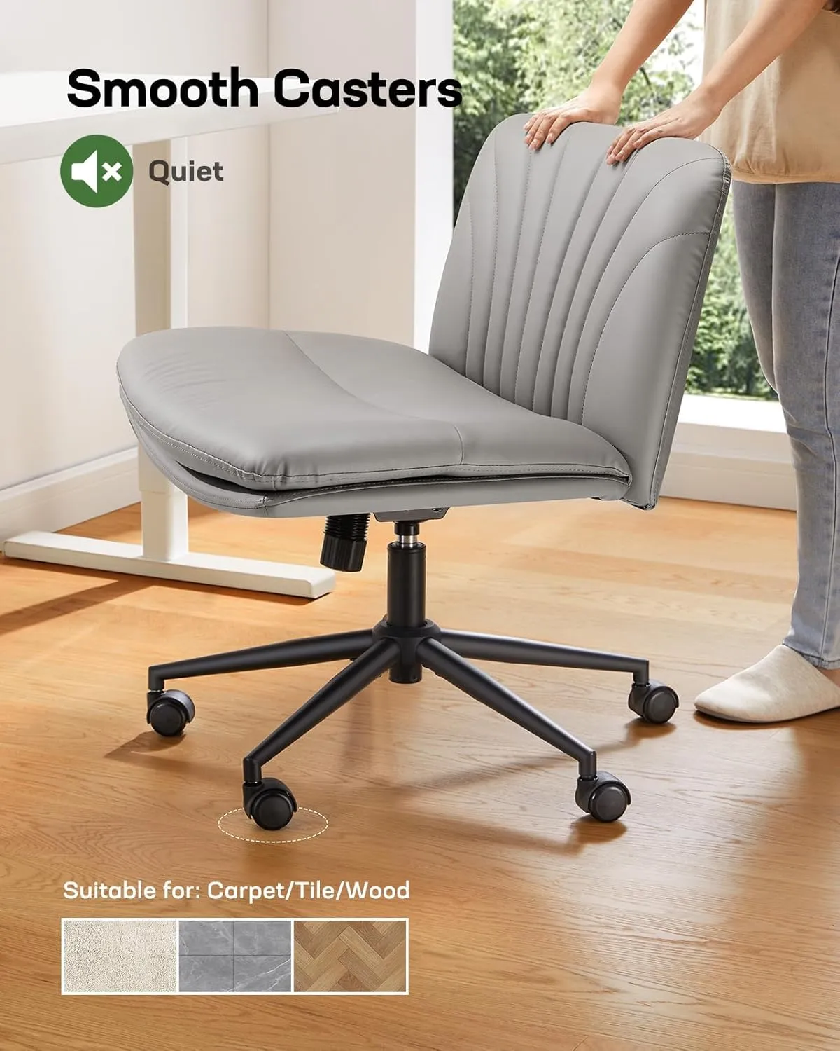 Marsail Armless-Office Desk Chair with Wheels: PU Leather Cross Legged Wide Chair,Comfortable Adjustable Swivel Computer Task Chairs for Home,Office,Make Up,Small Space,Bed Room, Grey