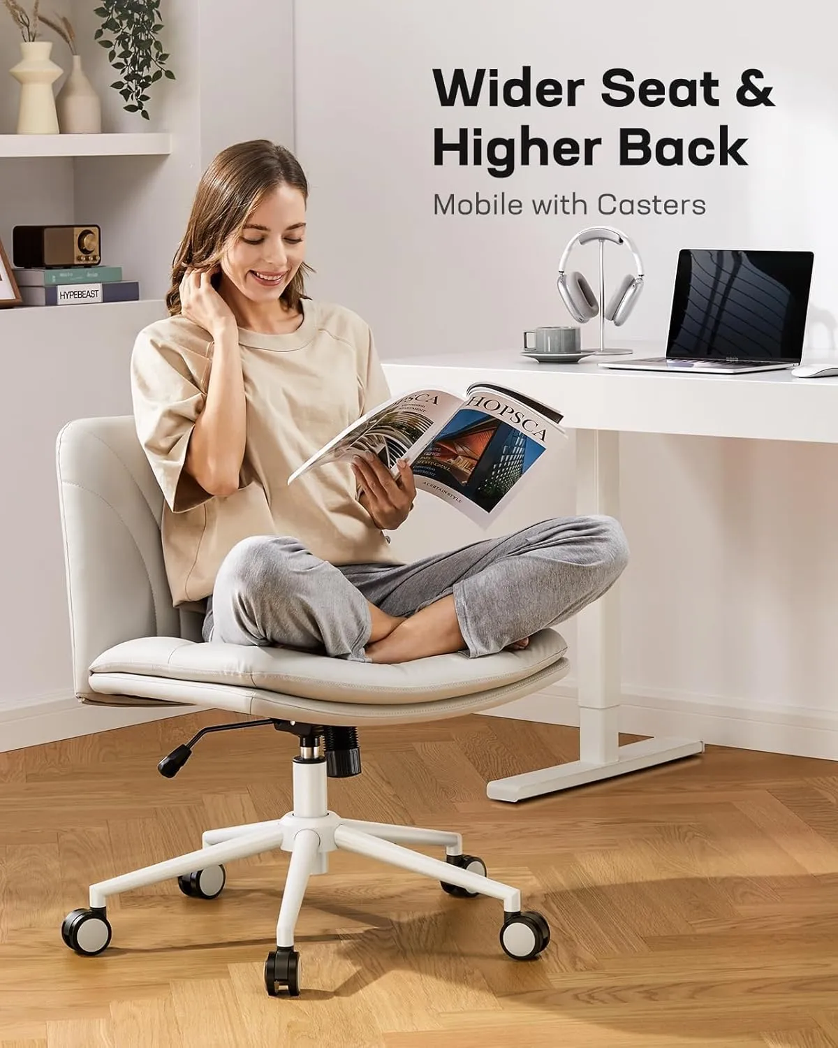 Marsail Armless-Office Desk Chair with Wheels: PU Leather Cross Legged Wide Chair,Comfortable Adjustable Swivel Computer Task Chairs for Home,Office,Make Up,Small Space,Bed Room(Balanced Beige)