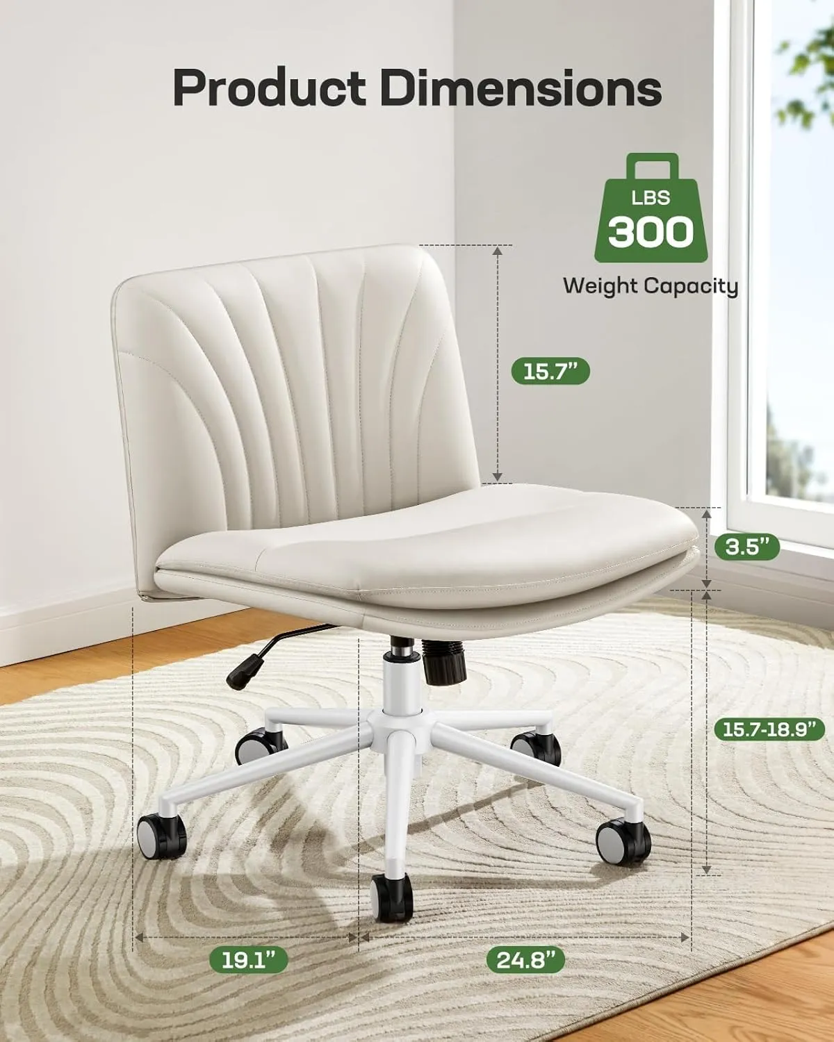 Marsail Armless-Office Desk Chair with Wheels: PU Leather Cross Legged Wide Chair,Comfortable Adjustable Swivel Computer Task Chairs for Home,Office,Make Up,Small Space,Bed Room(Balanced Beige)