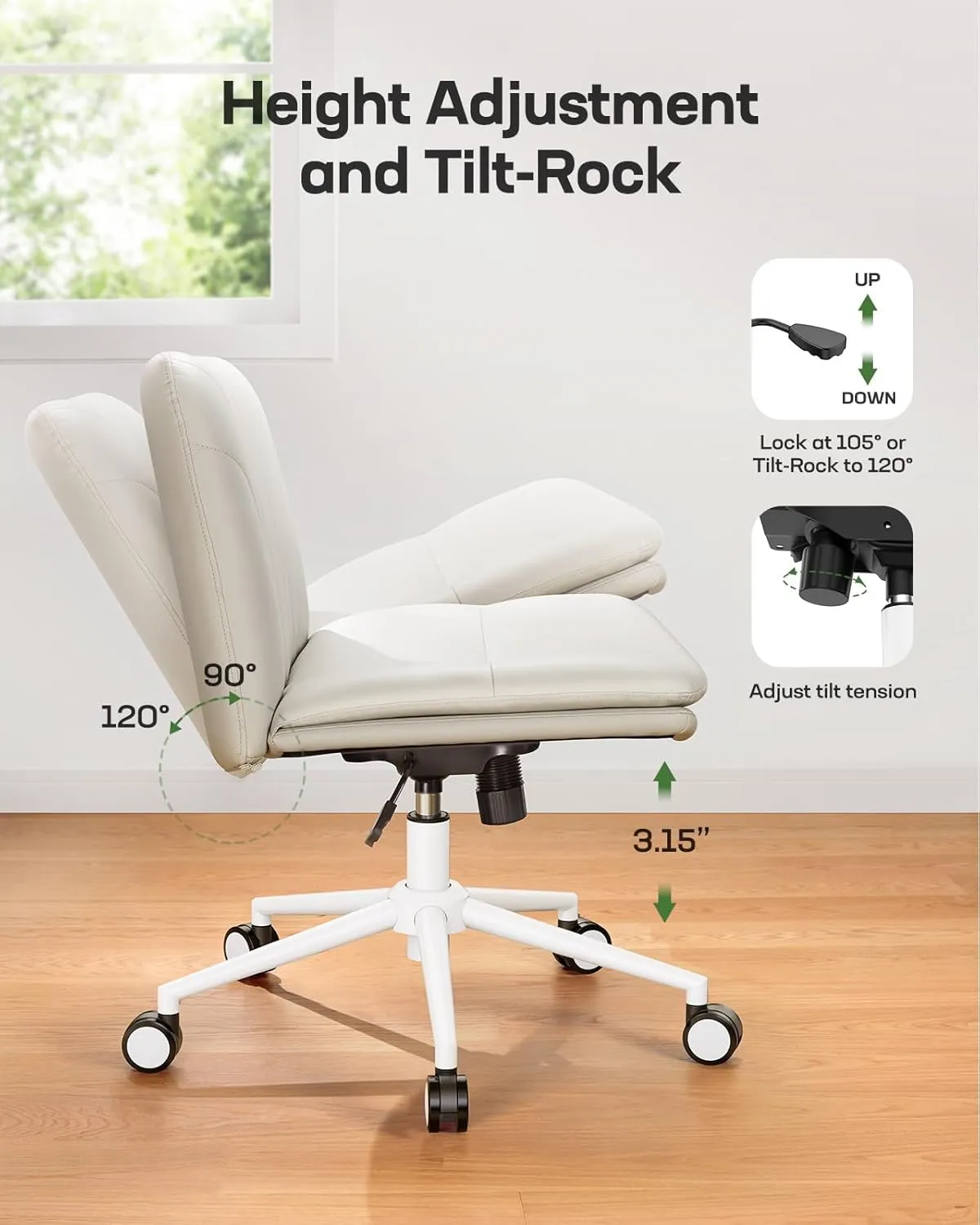 Marsail Armless-Office Desk Chair with Wheels: PU Leather Cross Legged Wide Chair,Comfortable Adjustable Swivel Computer Task Chairs for Home,Office,Make Up,Small Space,Bed Room(Balanced Beige)