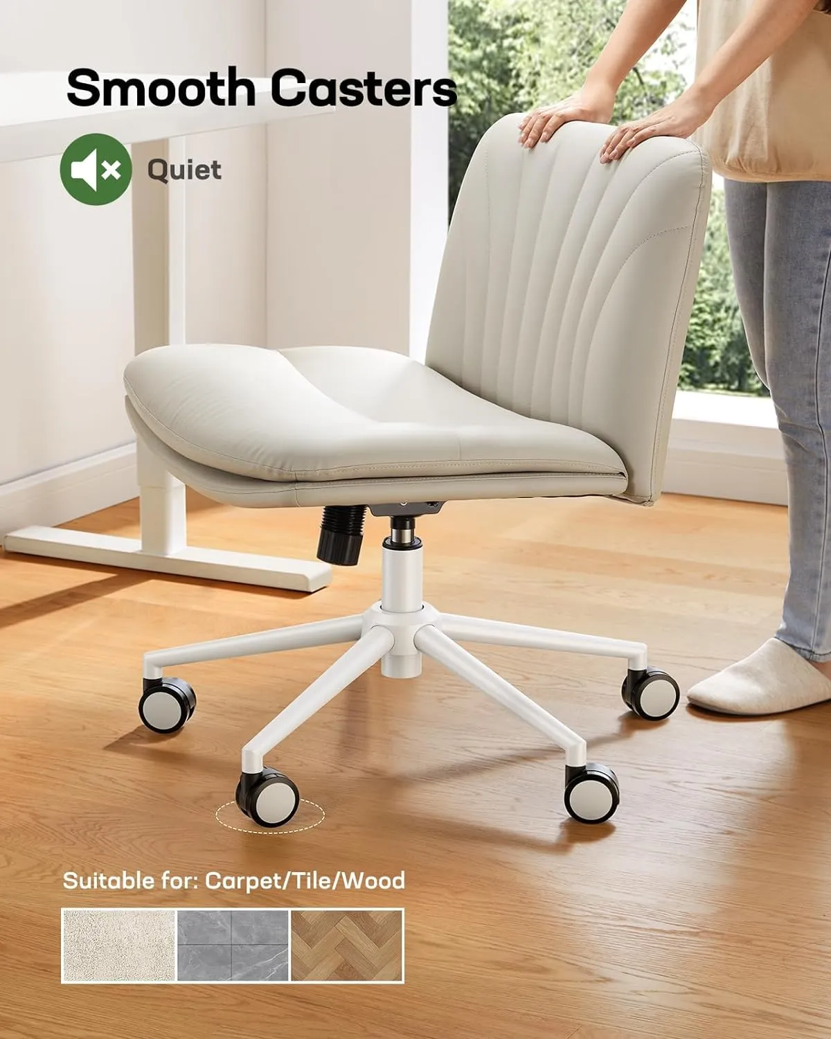 Marsail Armless-Office Desk Chair with Wheels: PU Leather Cross Legged Wide Chair,Comfortable Adjustable Swivel Computer Task Chairs for Home,Office,Make Up,Small Space,Bed Room(Balanced Beige)
