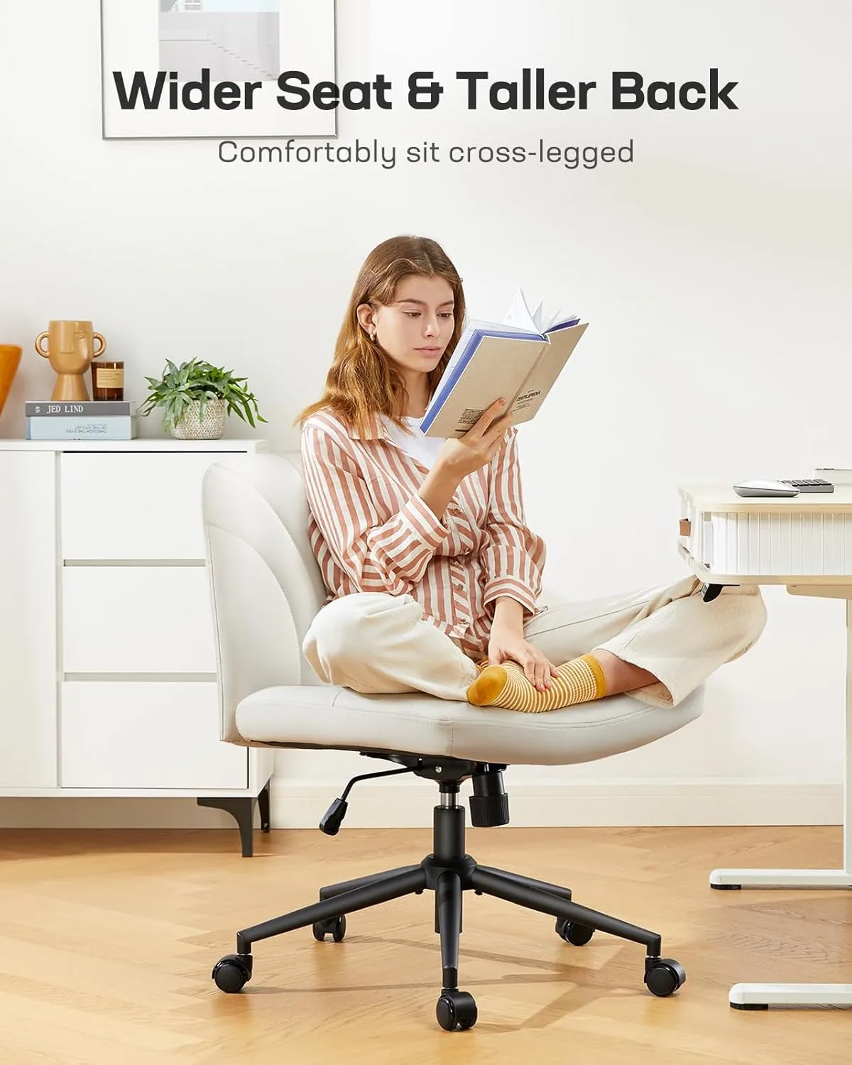 Marsail Criss Cross Chair with Wheels: PU Leather Cross Legged Office Chair Wide Armless Desk Chair Swivel Height Adjustable Vanity Chair for Make Up,Small Space,Bed Room(Beige)