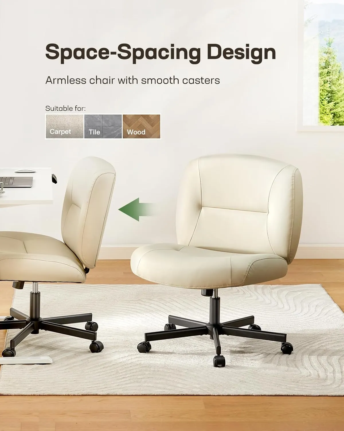 Marsail Criss Cross Chair with Wheels, Scratch-Resistant PVC Leather Cross Legged Office Chair, Wide Mid-Back Comfy Armless Desk Chair for Home Office, Height Adjustable