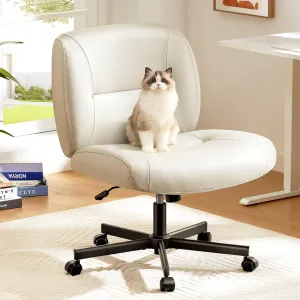 Marsail Criss Cross Chair with Wheels, Scratch-Resistant PVC Leather Cross Legged Office Chair, Wide Mid-Back Comfy Armless Desk Chair for Home Office, Height Adjustable