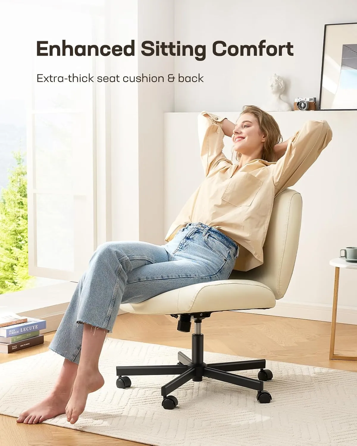 Marsail Criss Cross Chair with Wheels, Scratch-Resistant PVC Leather Cross Legged Office Chair, Wide Mid-Back Comfy Armless Desk Chair for Home Office, Height Adjustable