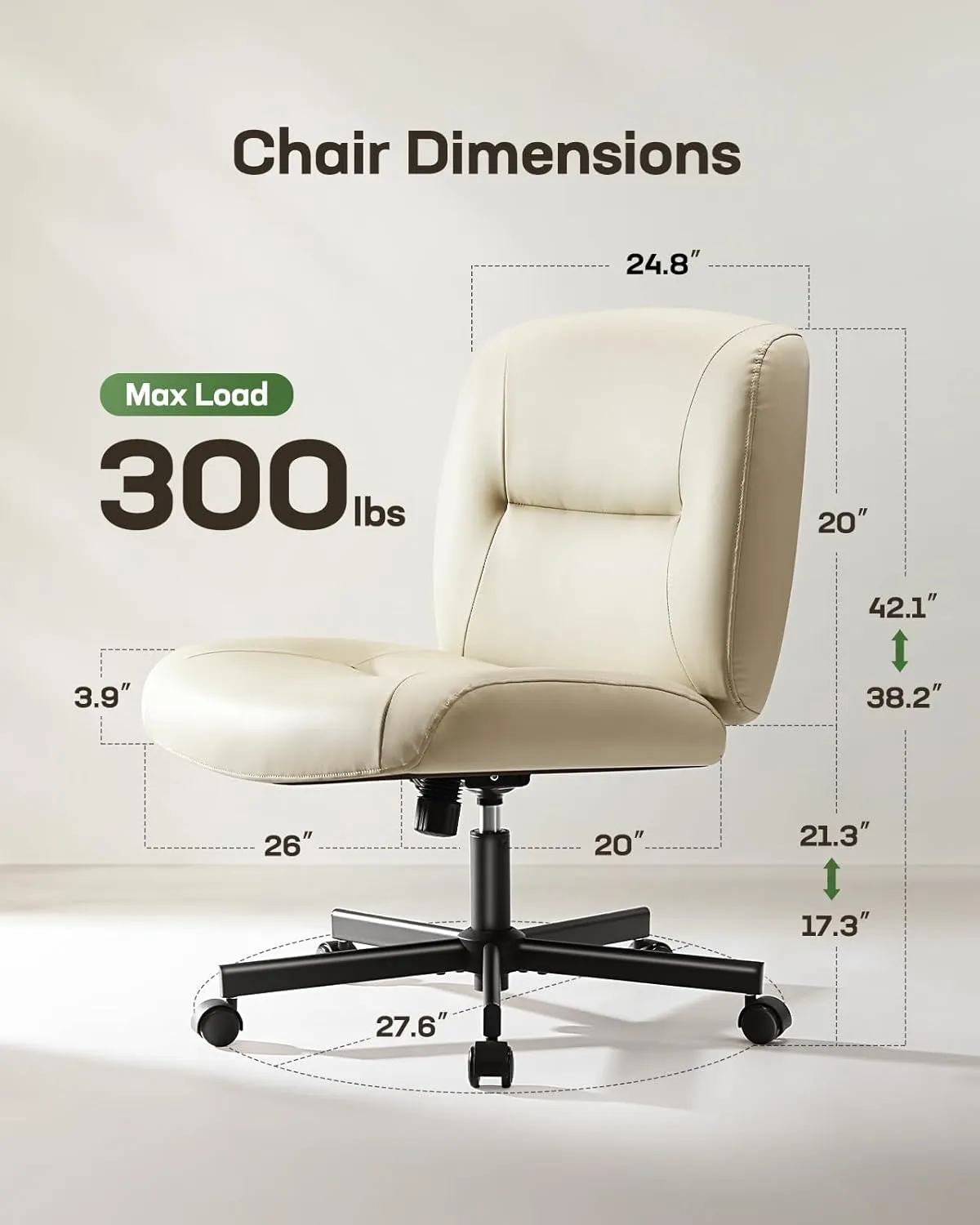 Marsail Criss Cross Chair with Wheels, Scratch-Resistant PVC Leather Cross Legged Office Chair, Wide Mid-Back Comfy Armless Desk Chair for Home Office, Height Adjustable