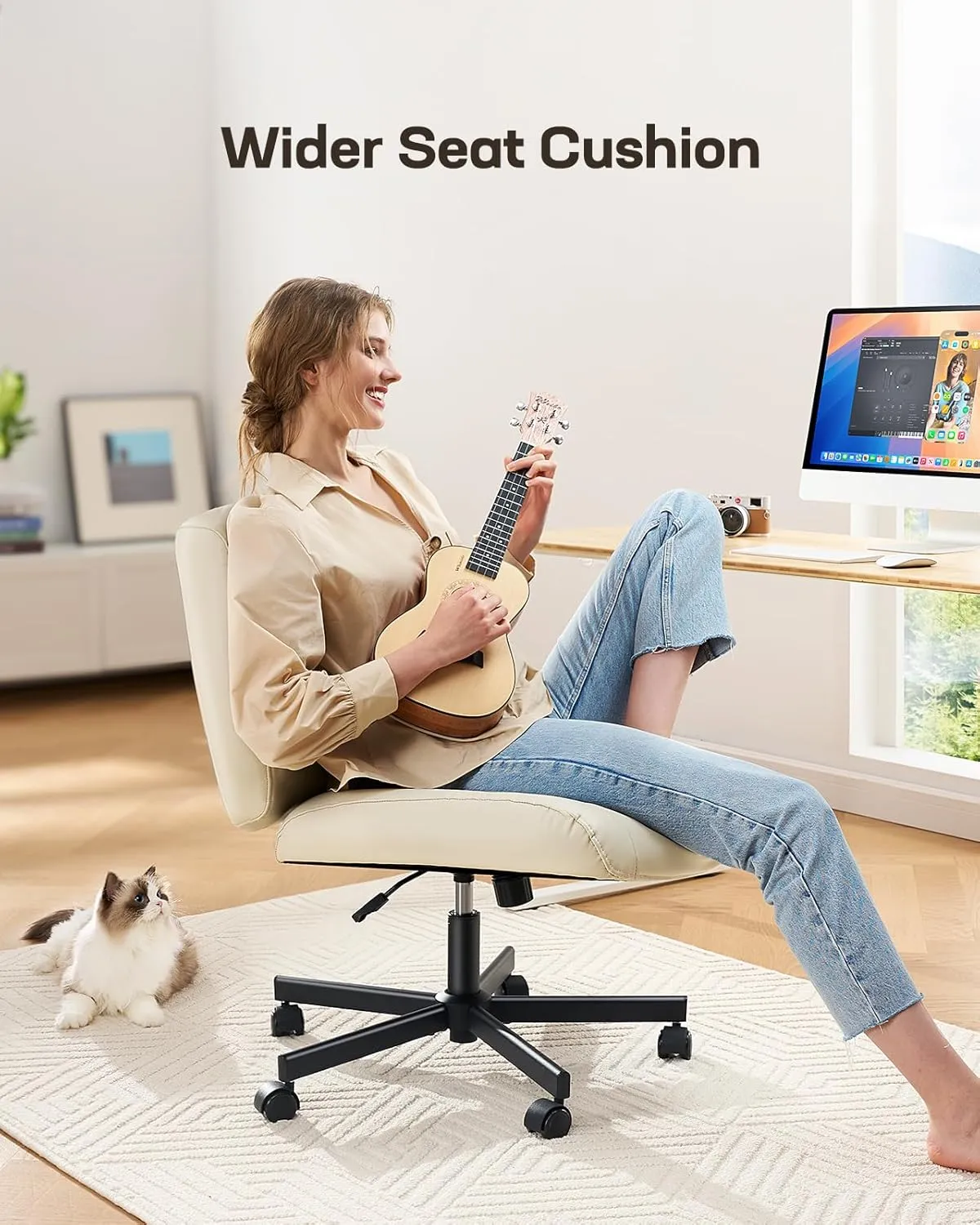 Marsail Criss Cross Chair with Wheels, Scratch-Resistant PVC Leather Cross Legged Office Chair, Wide Mid-Back Comfy Armless Desk Chair for Home Office, Height Adjustable