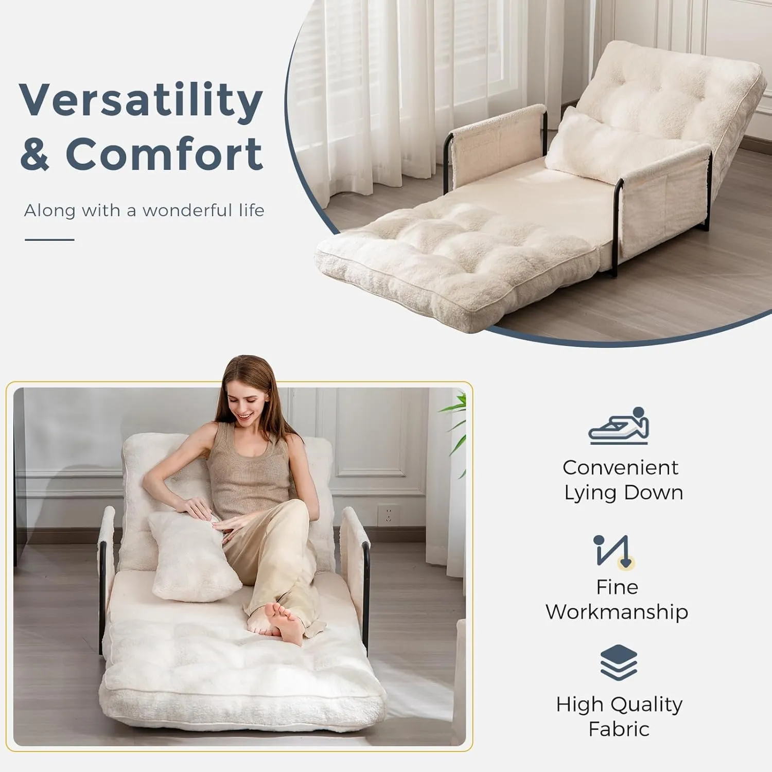 MAXYOYO Adjustable Floor Sofa Couch with Pillow, 5-Position Boucle Bean Bag Bed, Convertible Lazy Sofa Sleeper Bed with Armrest, Versatile Floor Seating Sofa for Living Room Guest Room, Beige, Single