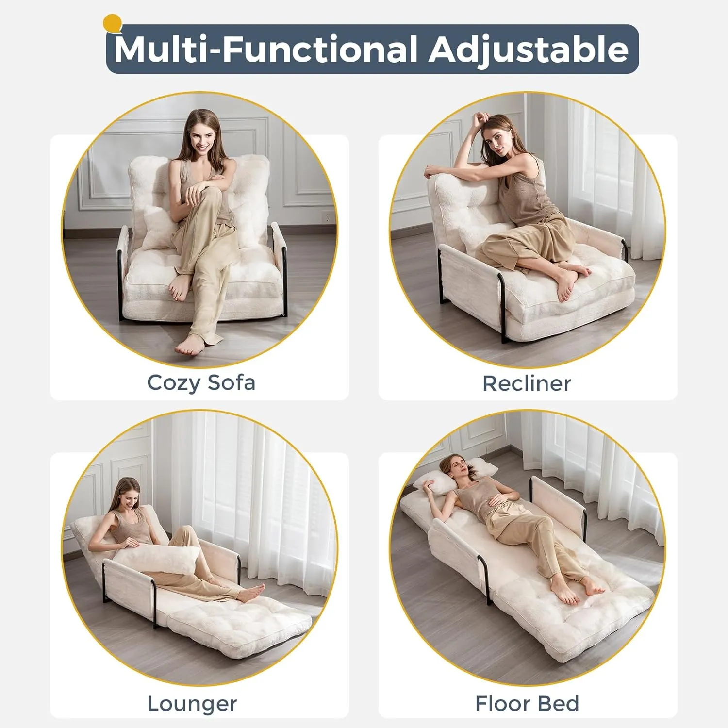 MAXYOYO Adjustable Floor Sofa Couch with Pillow, 5-Position Boucle Bean Bag Bed, Convertible Lazy Sofa Sleeper Bed with Armrest, Versatile Floor Seating Sofa for Living Room Guest Room, Beige, Single