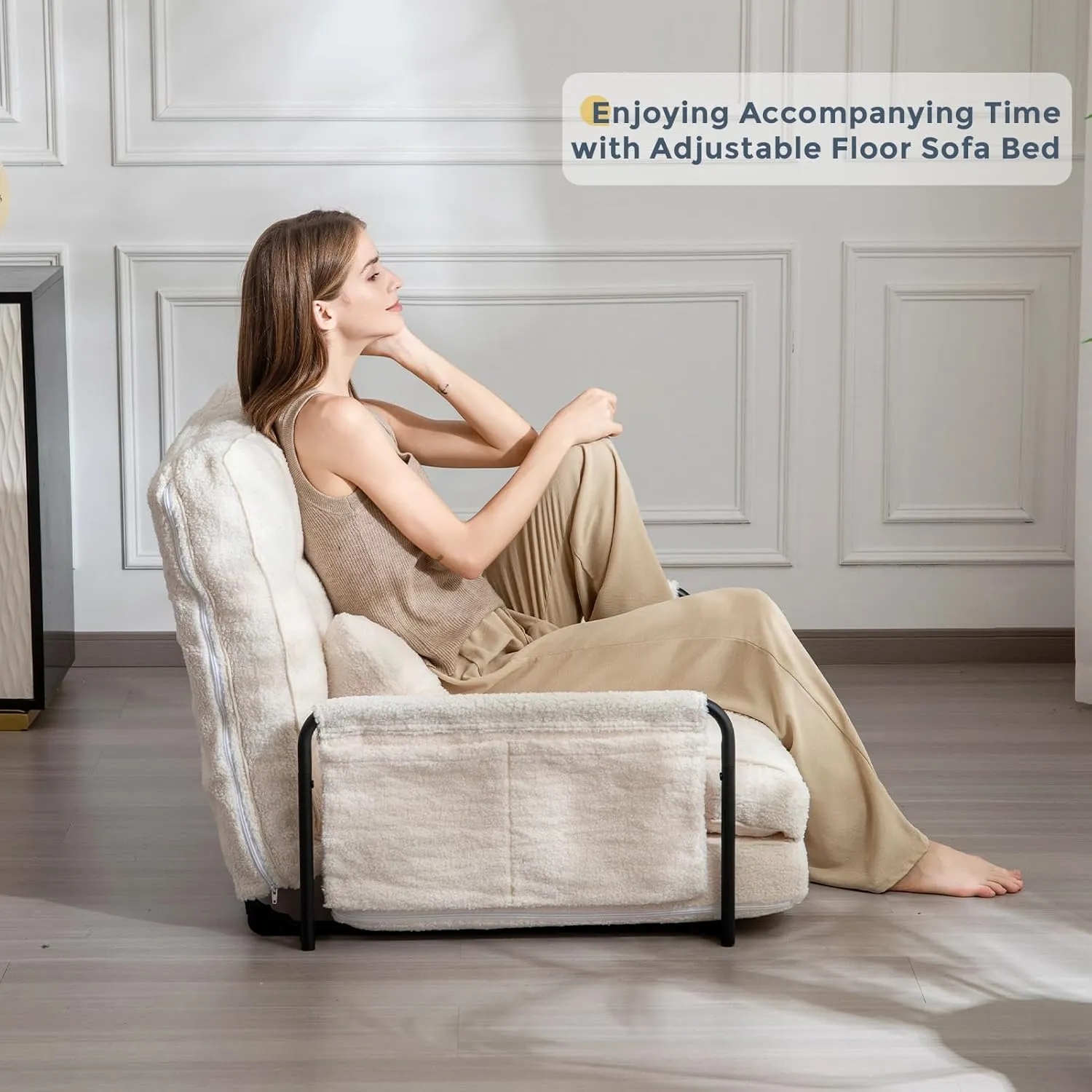 MAXYOYO Adjustable Floor Sofa Couch with Pillow, 5-Position Boucle Bean Bag Bed, Convertible Lazy Sofa Sleeper Bed with Armrest, Versatile Floor Seating Sofa for Living Room Guest Room, Beige, Single