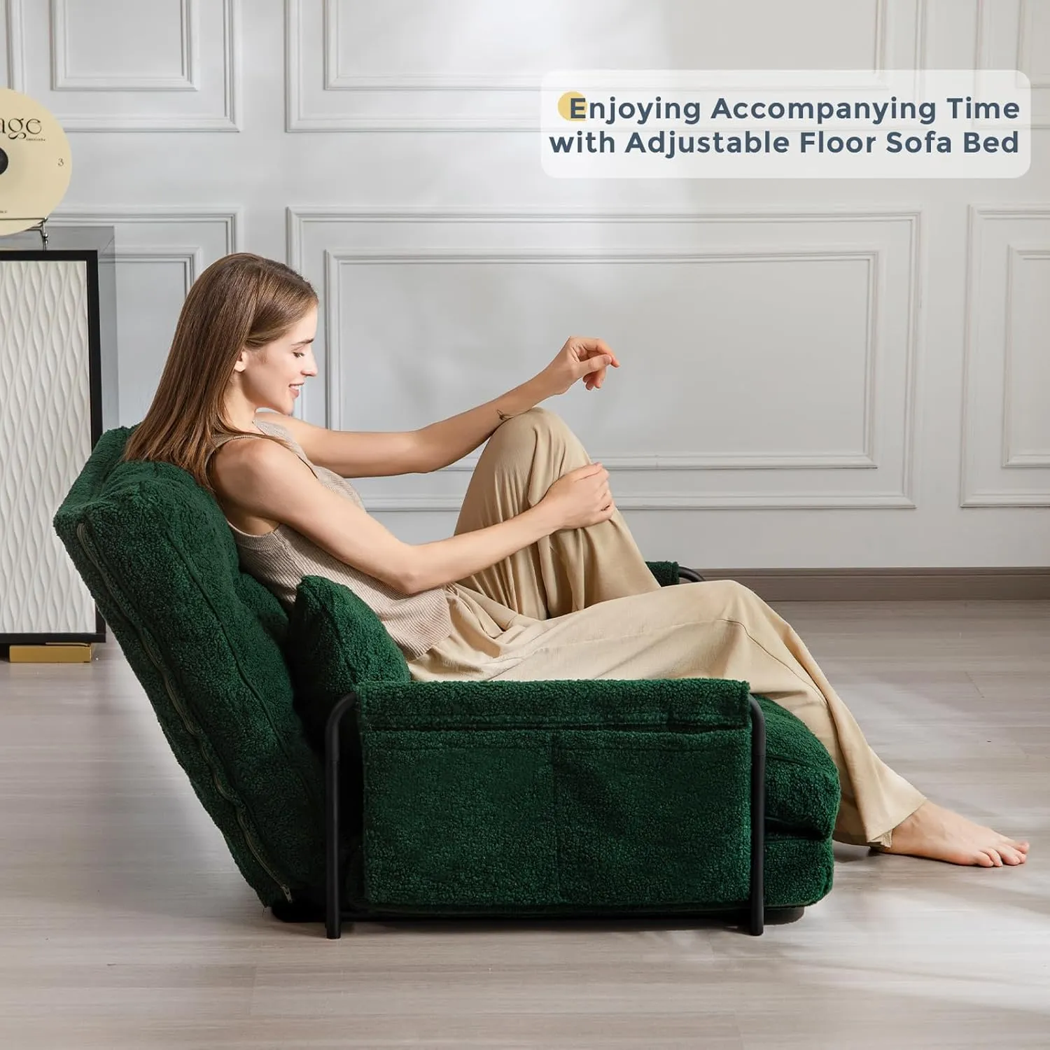 MAXYOYO Adjustable Floor Sofa Couch with Pillow, 5-Position Boucle Bean Bag Bed, Convertible Lazy Sofa Sleeper Bed with Armrest, Versatile Floor Seating Sofa for Living Room Guest Room, Green, Single