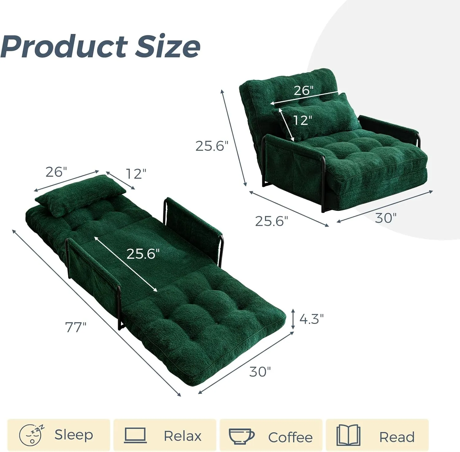 MAXYOYO Adjustable Floor Sofa Couch with Pillow, 5-Position Boucle Bean Bag Bed, Convertible Lazy Sofa Sleeper Bed with Armrest, Versatile Floor Seating Sofa for Living Room Guest Room, Green, Single
