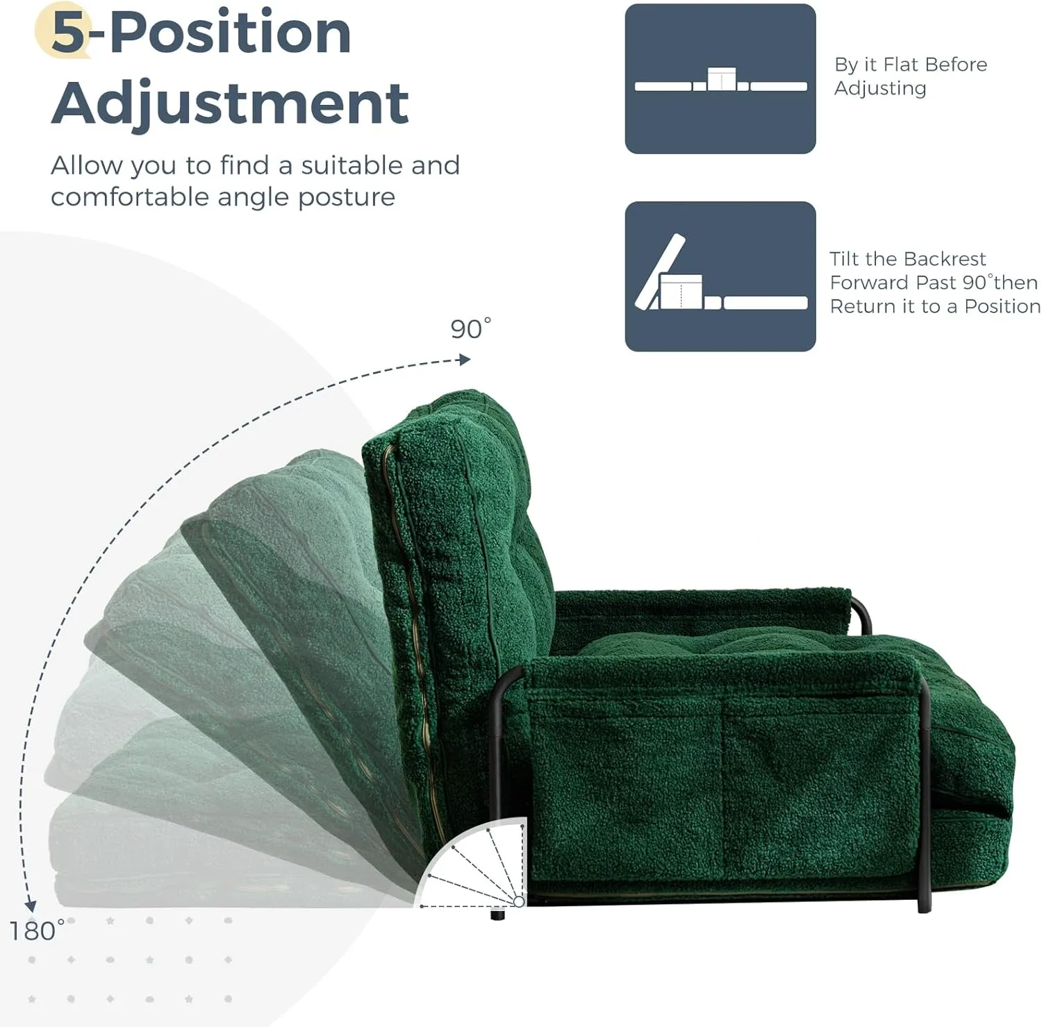 MAXYOYO Adjustable Floor Sofa Couch with Pillow, 5-Position Boucle Bean Bag Bed, Convertible Lazy Sofa Sleeper Bed with Armrest, Versatile Floor Seating Sofa for Living Room Guest Room, Green, Single