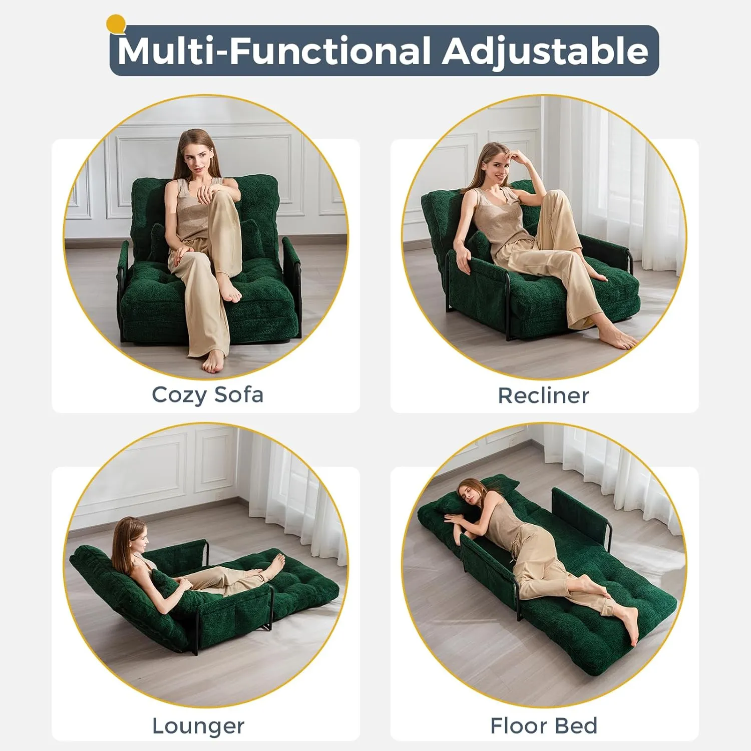 MAXYOYO Adjustable Floor Sofa Couch with Pillow, 5-Position Boucle Bean Bag Bed, Convertible Lazy Sofa Sleeper Bed with Armrest, Versatile Floor Seating Sofa for Living Room Guest Room, Green, Single