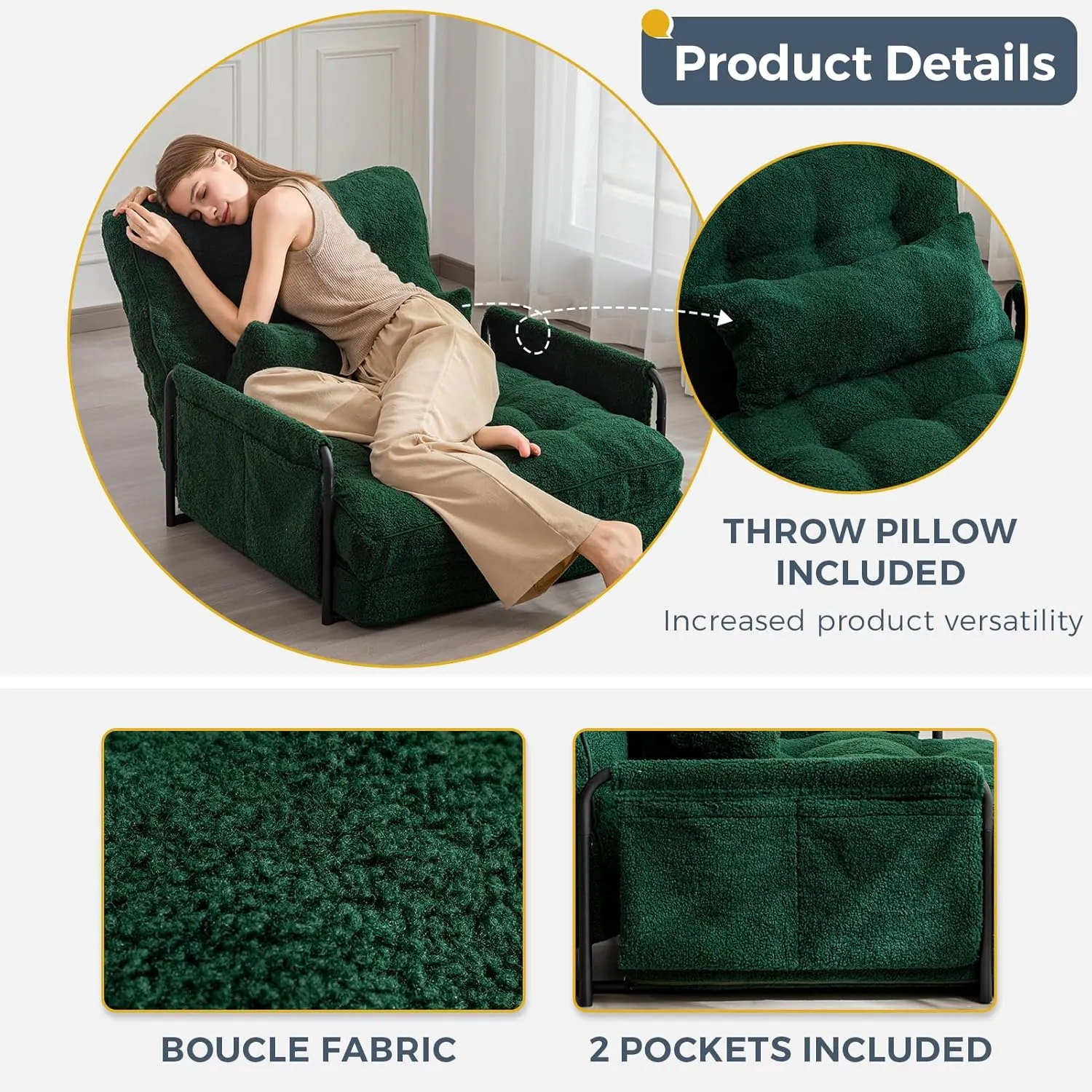 MAXYOYO Adjustable Floor Sofa Couch with Pillow, 5-Position Boucle Bean Bag Bed, Convertible Lazy Sofa Sleeper Bed with Armrest, Versatile Floor Seating Sofa for Living Room Guest Room, Green, Single