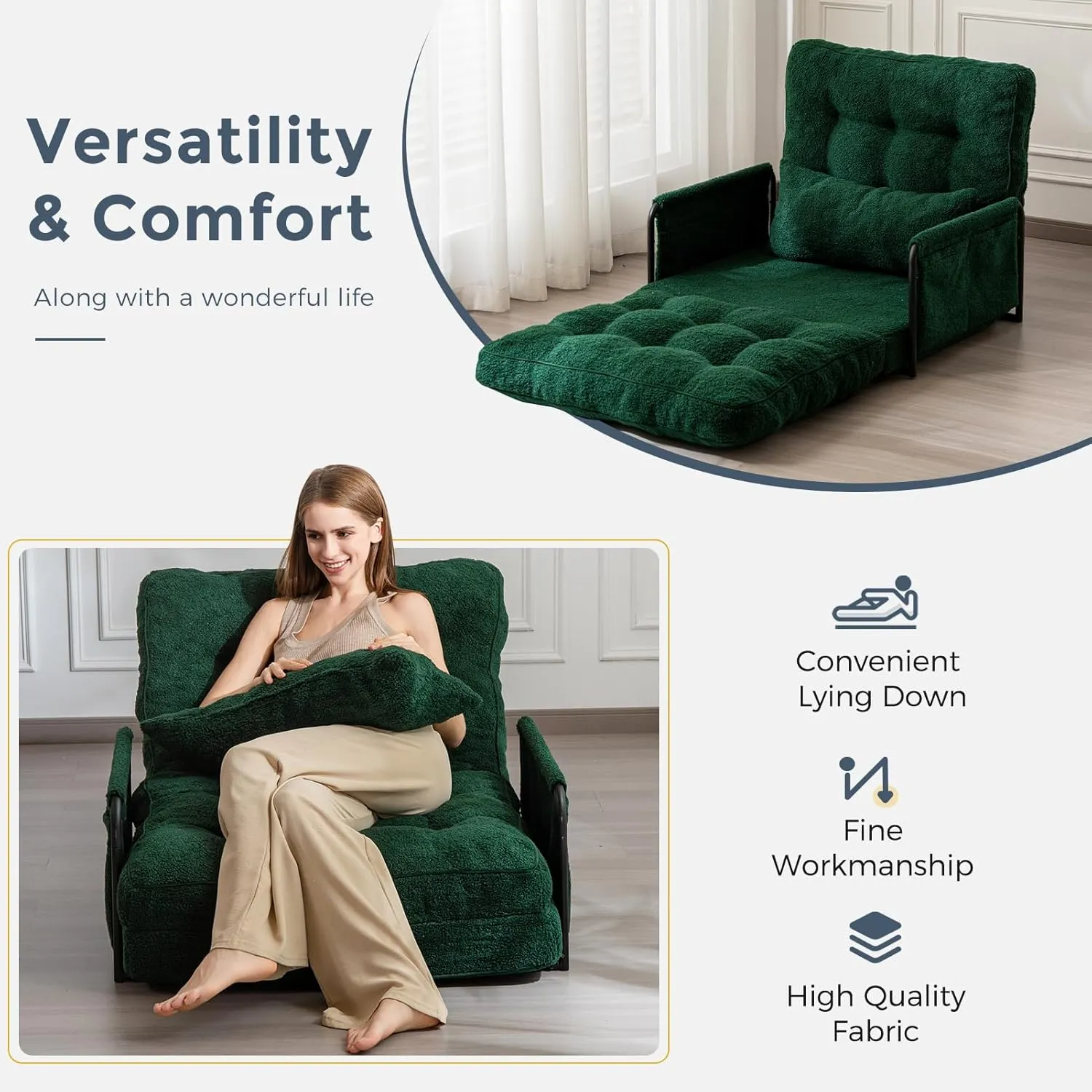 MAXYOYO Adjustable Floor Sofa Couch with Pillow, 5-Position Boucle Bean Bag Bed, Convertible Lazy Sofa Sleeper Bed with Armrest, Versatile Floor Seating Sofa for Living Room Guest Room, Green, Single