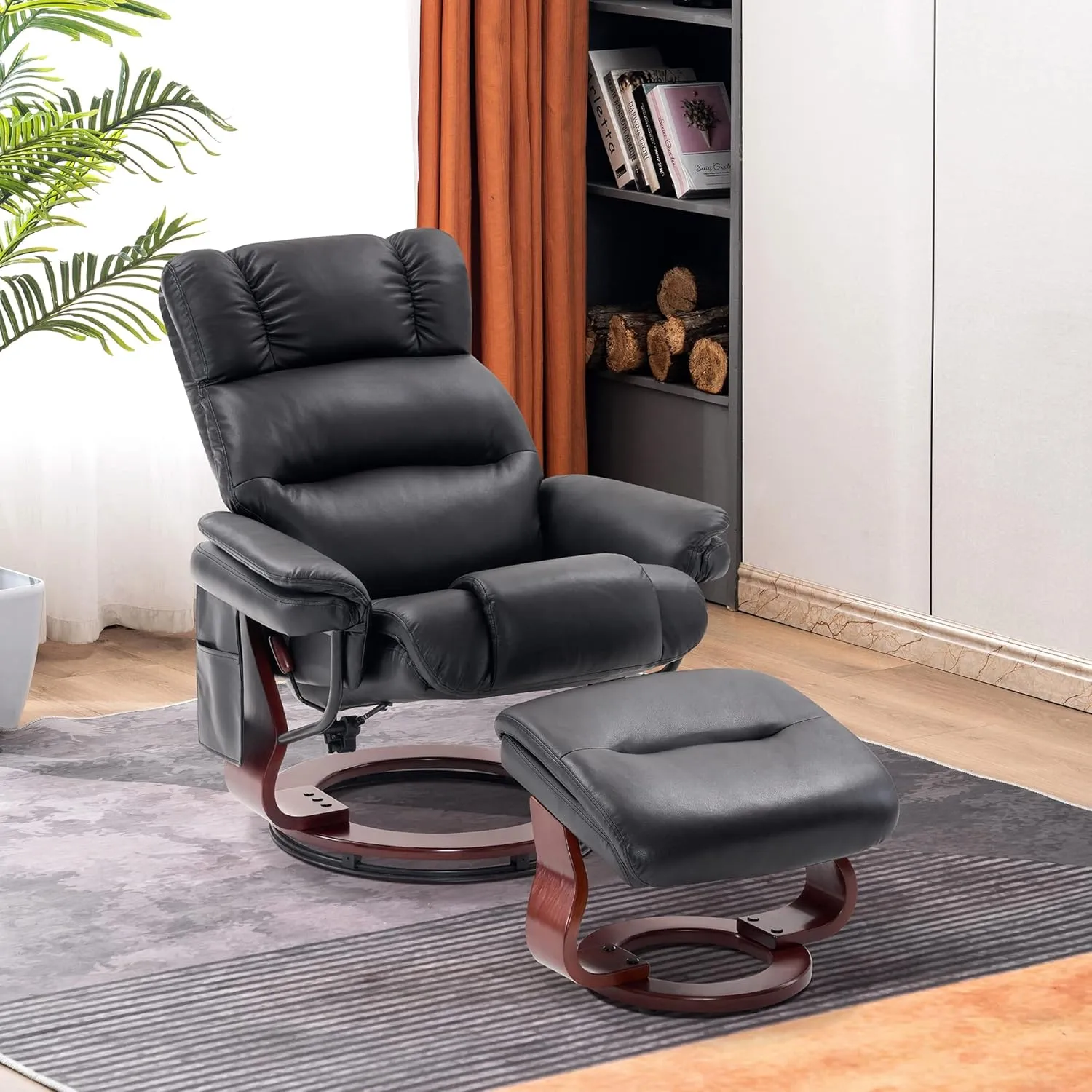 MCombo Swivel Recliners with Ottoman, Reclining TV Chairs with Vibration Massage, Faux Leather Ergonomic Lounge Chair for Living Room Bedroom 4832 (Black)
