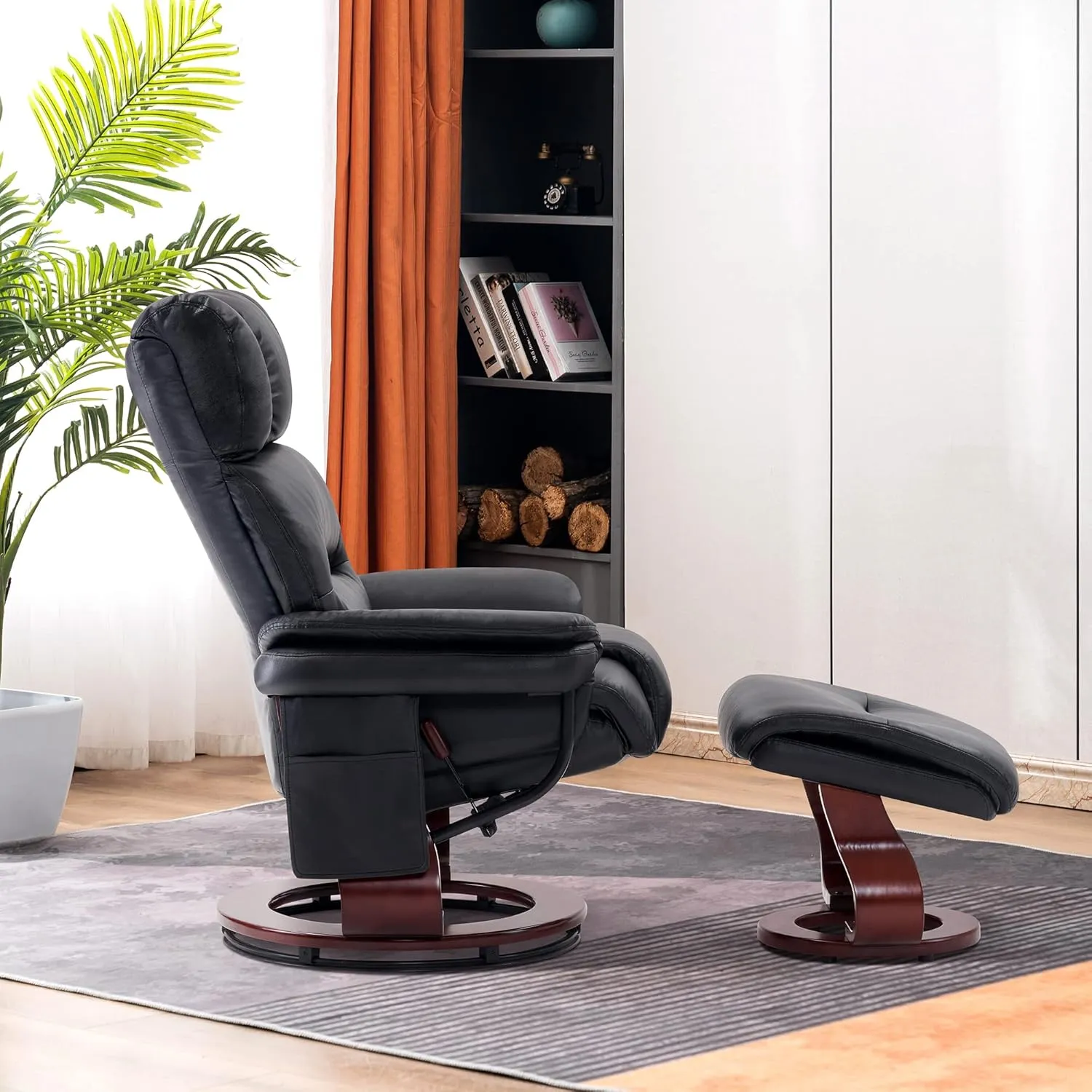 MCombo Swivel Recliners with Ottoman, Reclining TV Chairs with Vibration Massage, Faux Leather Ergonomic Lounge Chair for Living Room Bedroom 4832 (Black)