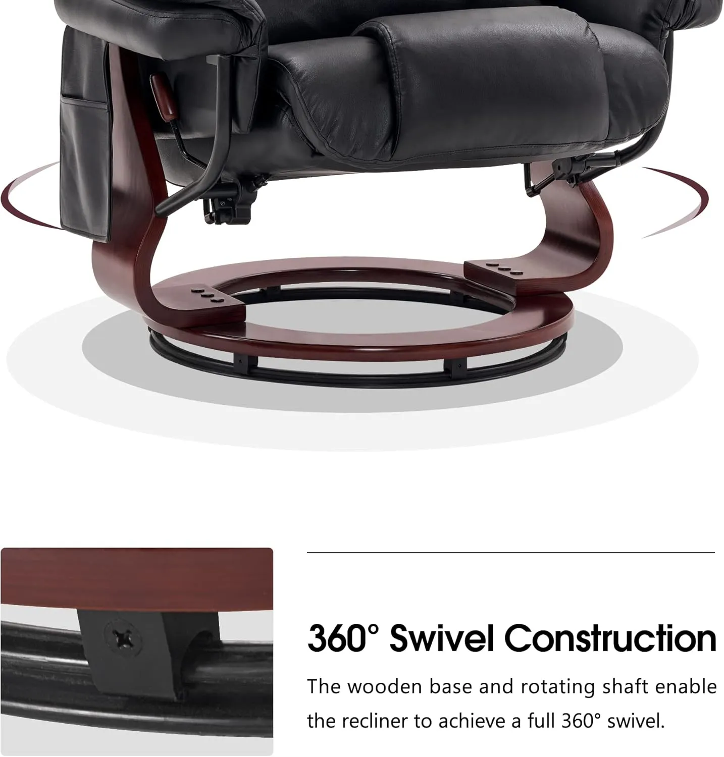 MCombo Swivel Recliners with Ottoman, Reclining TV Chairs with Vibration Massage, Faux Leather Ergonomic Lounge Chair for Living Room Bedroom 4832 (Black)