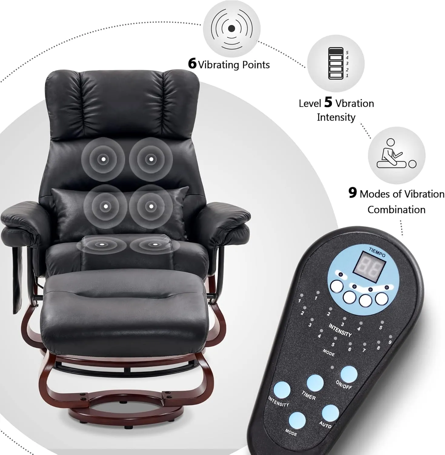 MCombo Swivel Recliners with Ottoman, Reclining TV Chairs with Vibration Massage, Faux Leather Ergonomic Lounge Chair for Living Room Bedroom 4832 (Black)