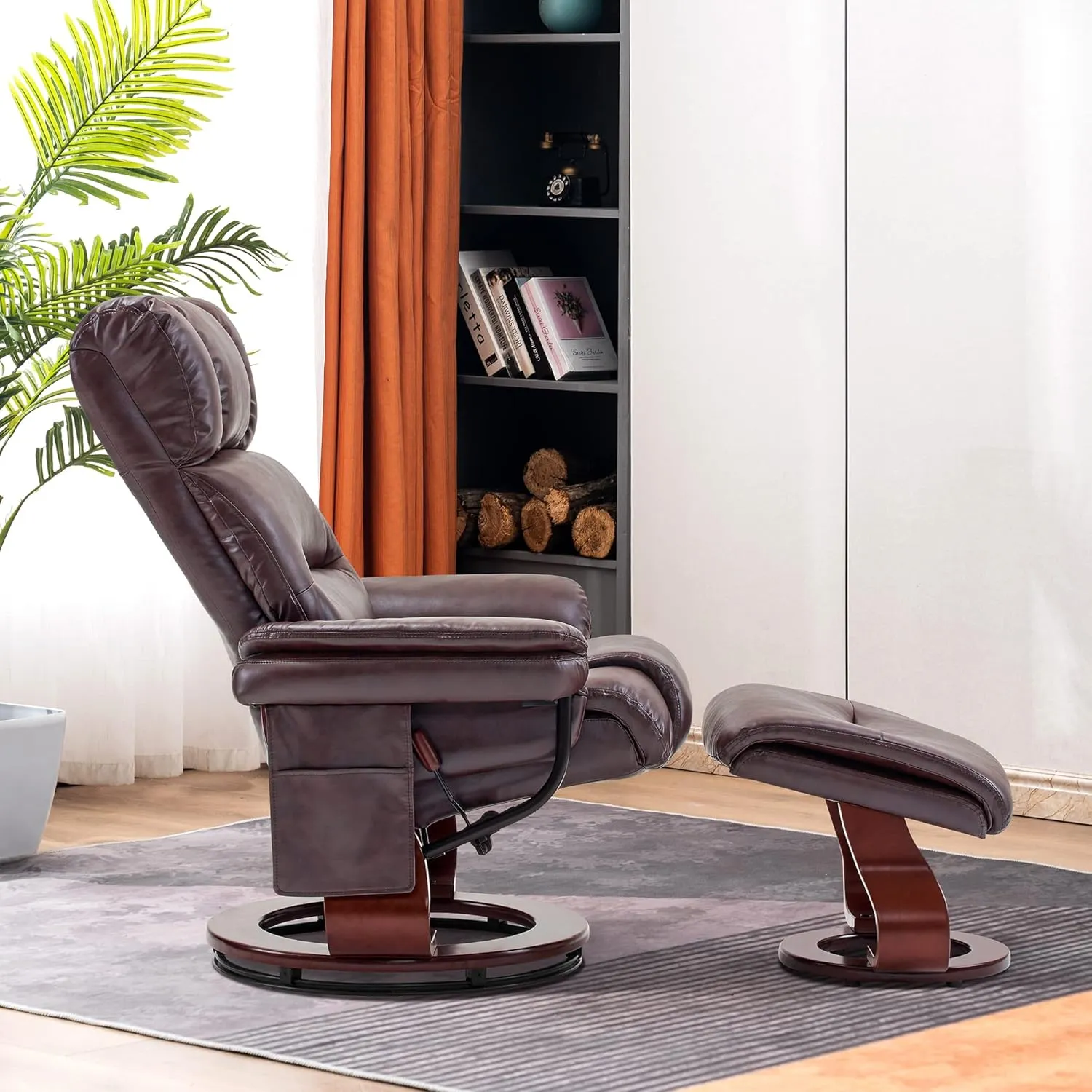 MCombo Swivel Recliners with Ottoman, Reclining TV Chairs with Vibration Massage, Faux Leather Ergonomic Lounge Chair for Living Room Bedroom 4832 (Dark Brown)