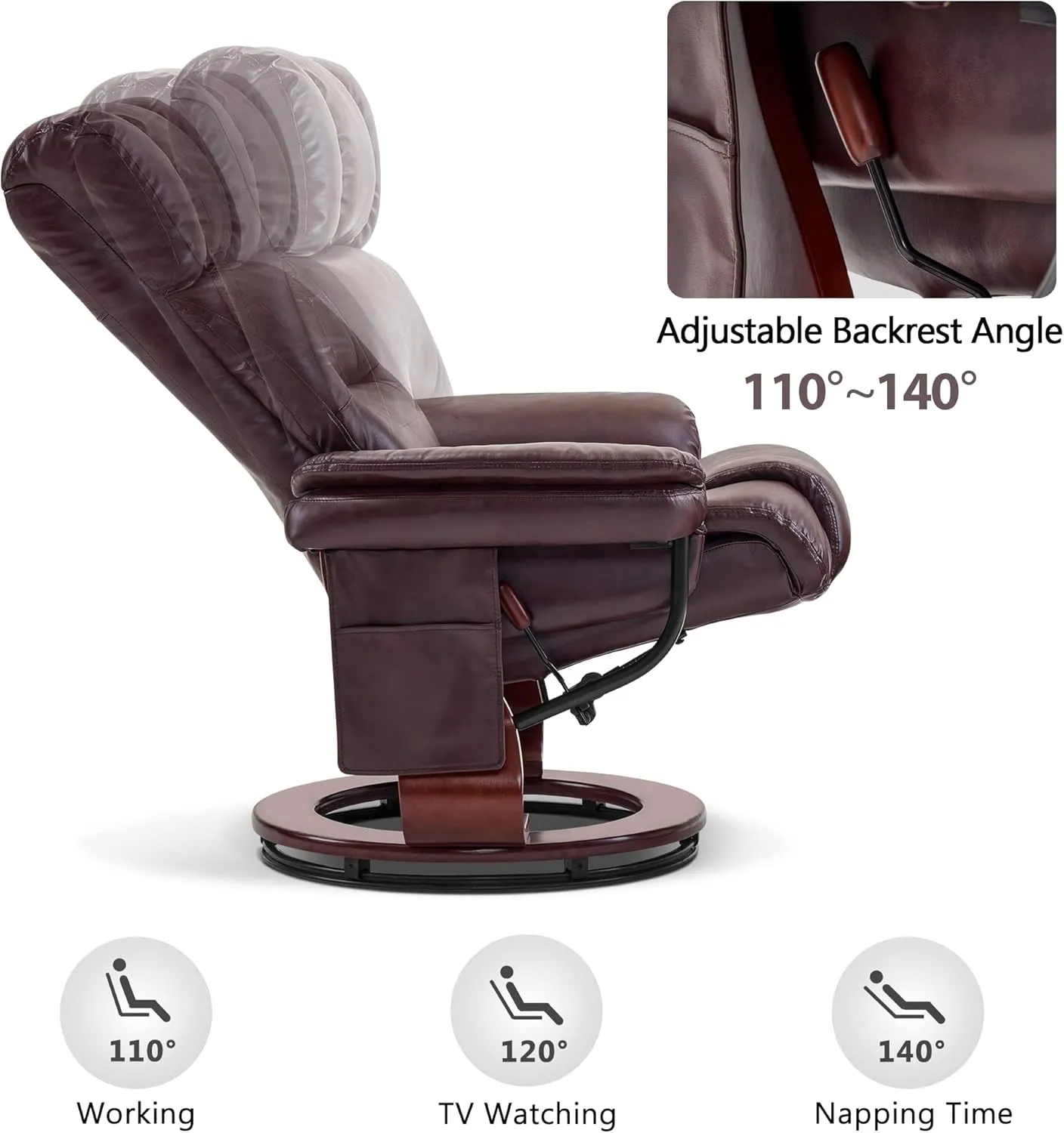 MCombo Swivel Recliners with Ottoman, Reclining TV Chairs with Vibration Massage, Faux Leather Ergonomic Lounge Chair for Living Room Bedroom 4832 (Dark Brown)